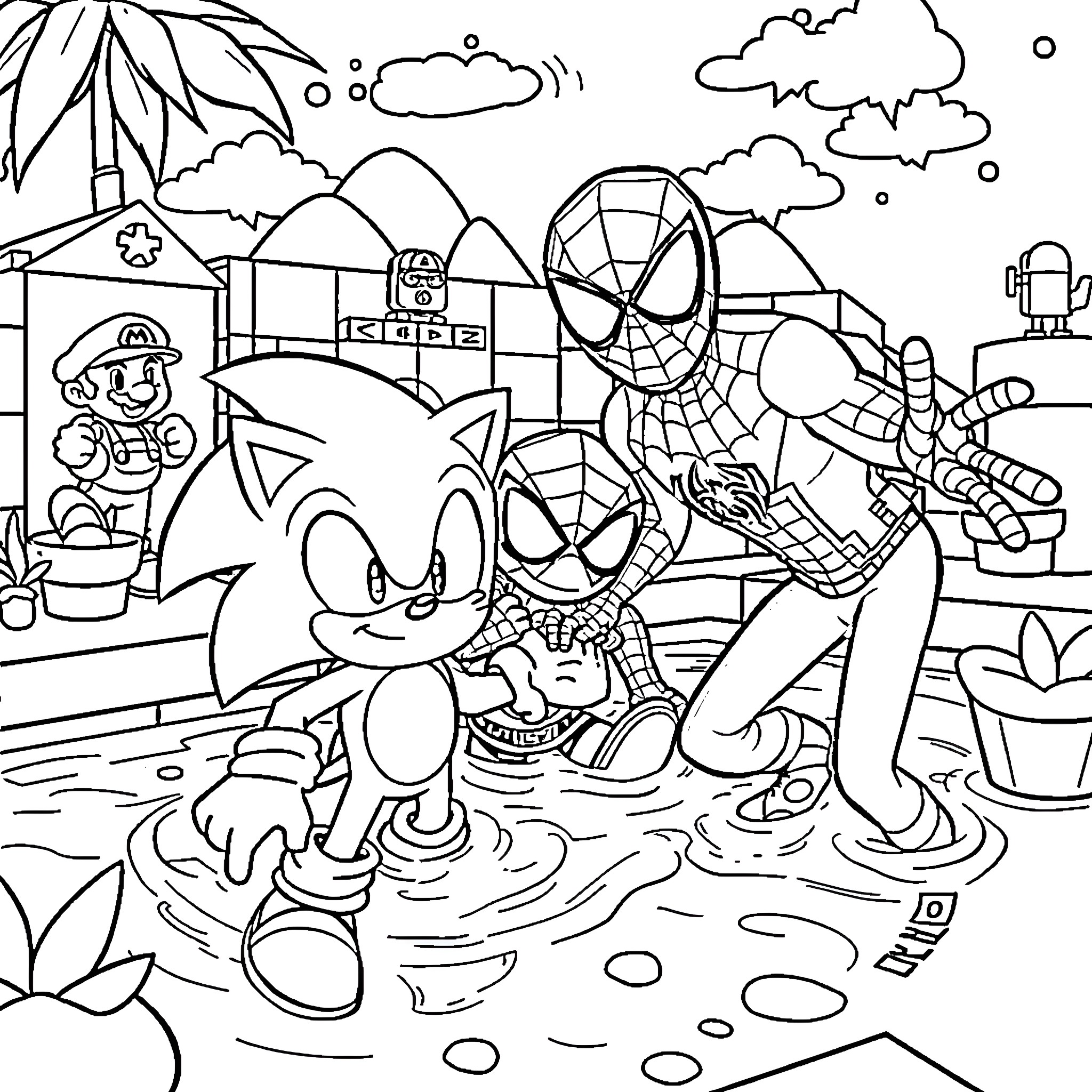 Sonic and Spiderman Adventure in the Park Coloring Page (free black-and-white line drawing printable PDF for all, from beginners to advanced learners, including children, teens, adults, and seniors)