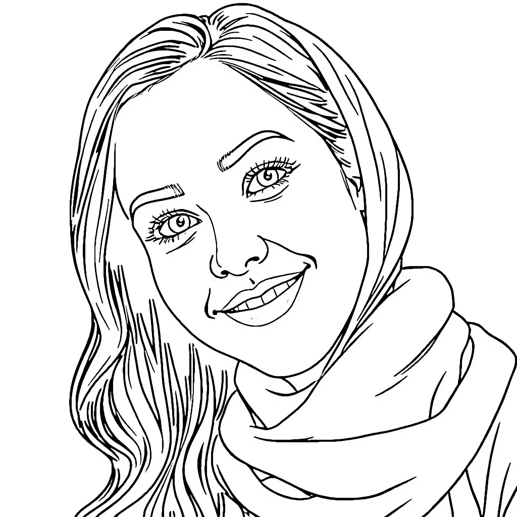 Daniela's Warm Smile and Flowing Hair Coloring Page (free black-and-white line drawing printable PDF for all, from beginners to advanced learners, including children, teens, adults, and seniors)
