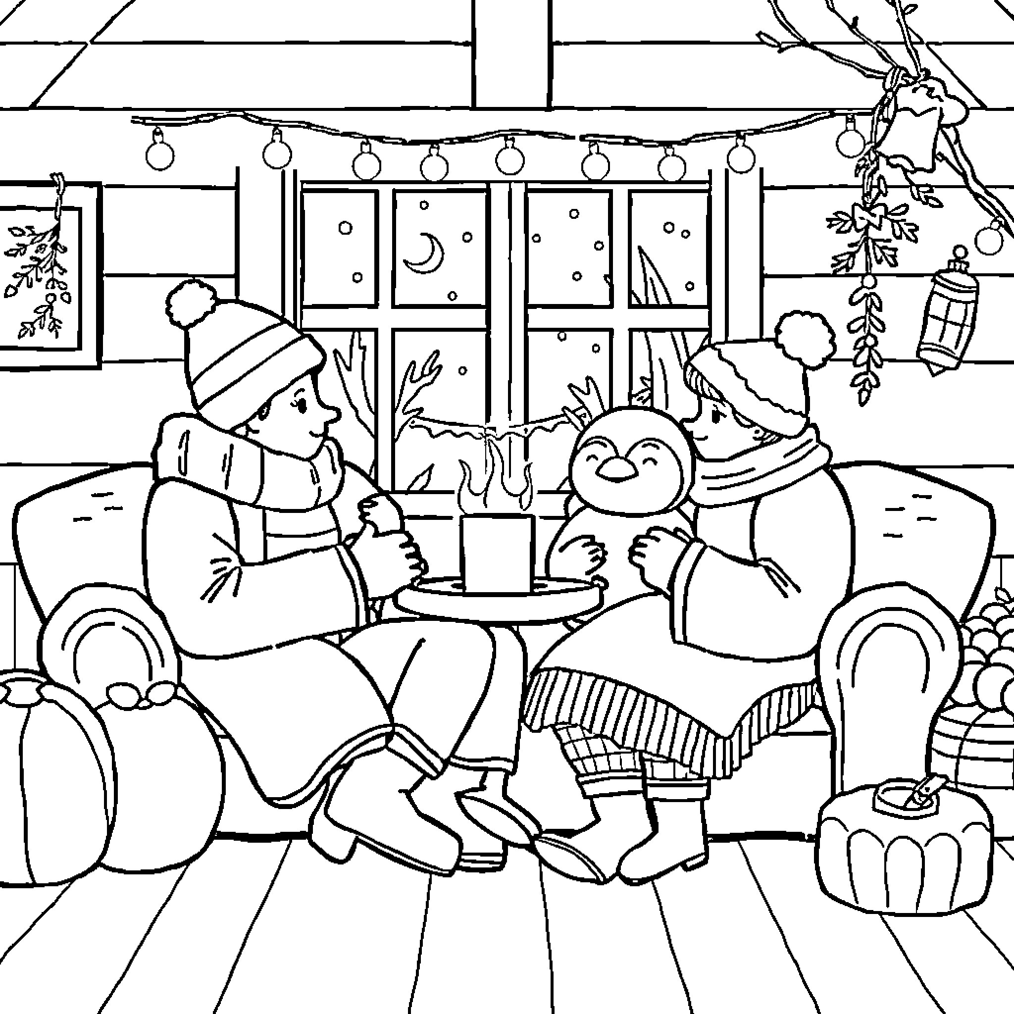Hygge Moment of Cozy Companions Enjoying Time Together Coloring Page (free black-and-white line drawing printable PDF for all, from beginners to advanced learners, including children, teens, adults, and seniors)