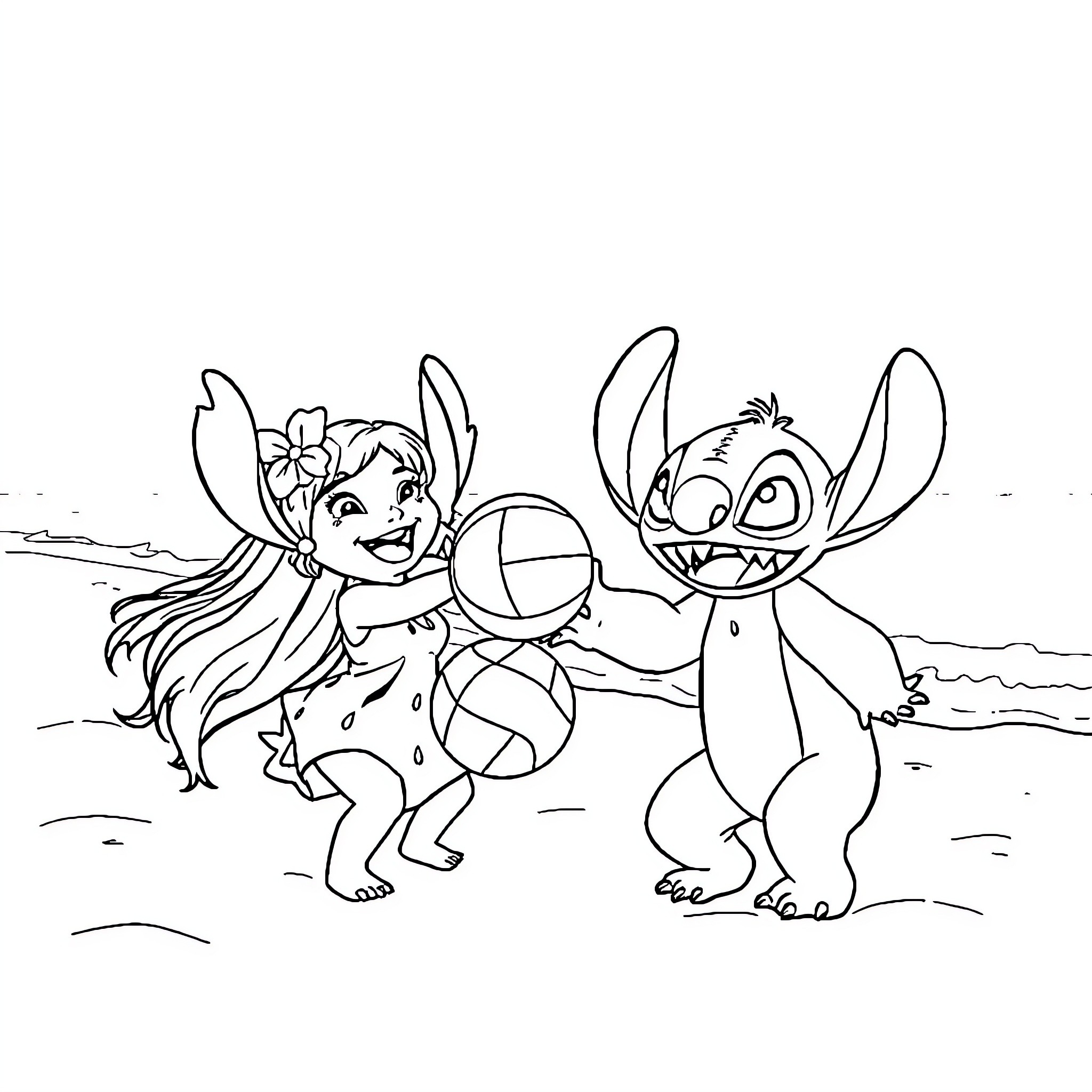 Lilo & Stitch playing with beach balls on the shore Coloring Page (free black-and-white line drawing printable PDF for all, from beginners to advanced learners, including children, teens, adults, and seniors)