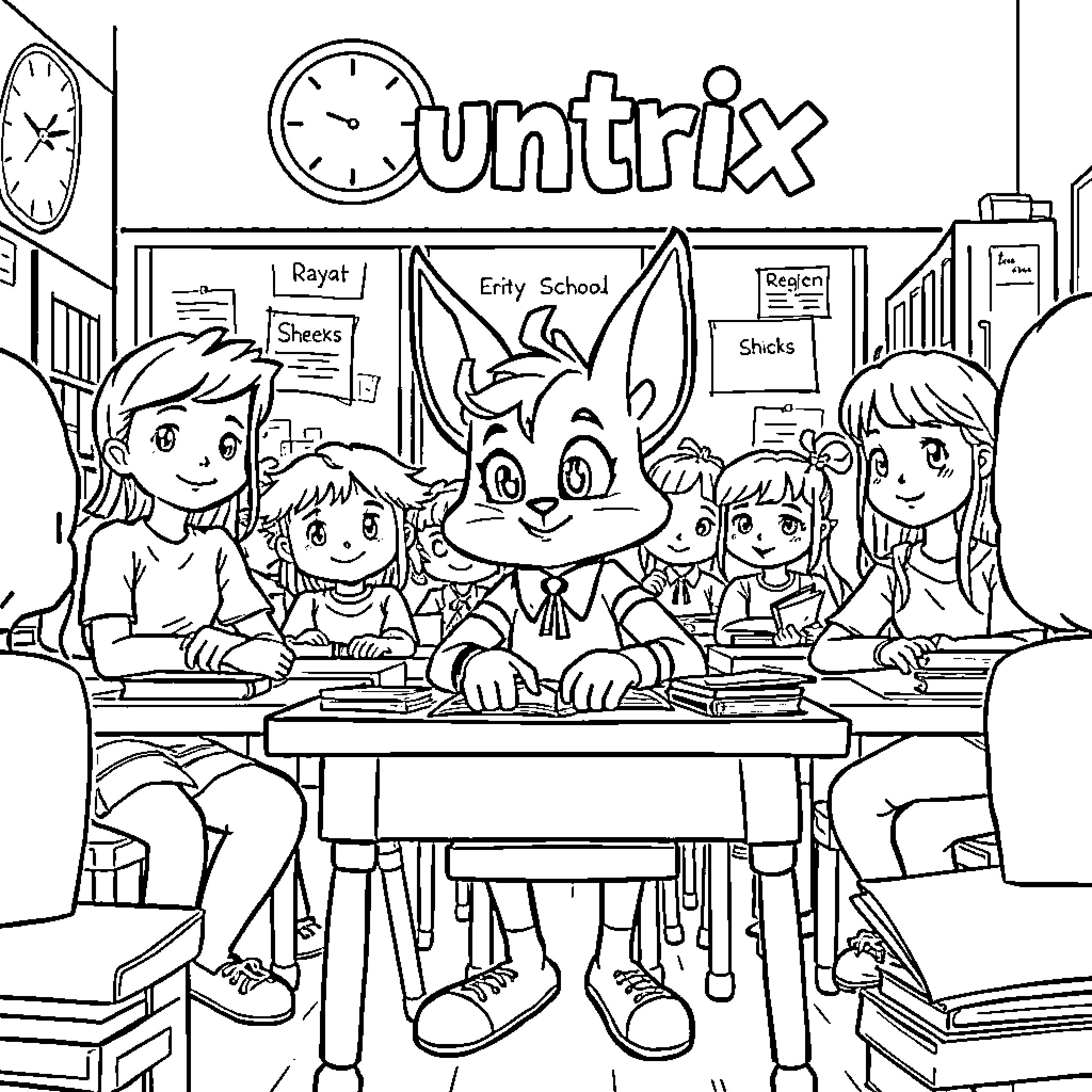 Huntrix: Children studying and playing in the classroom Coloring Page (free black-and-white line drawing printable PDF for all, from beginners to advanced learners, including children, teens, adults, and seniors)