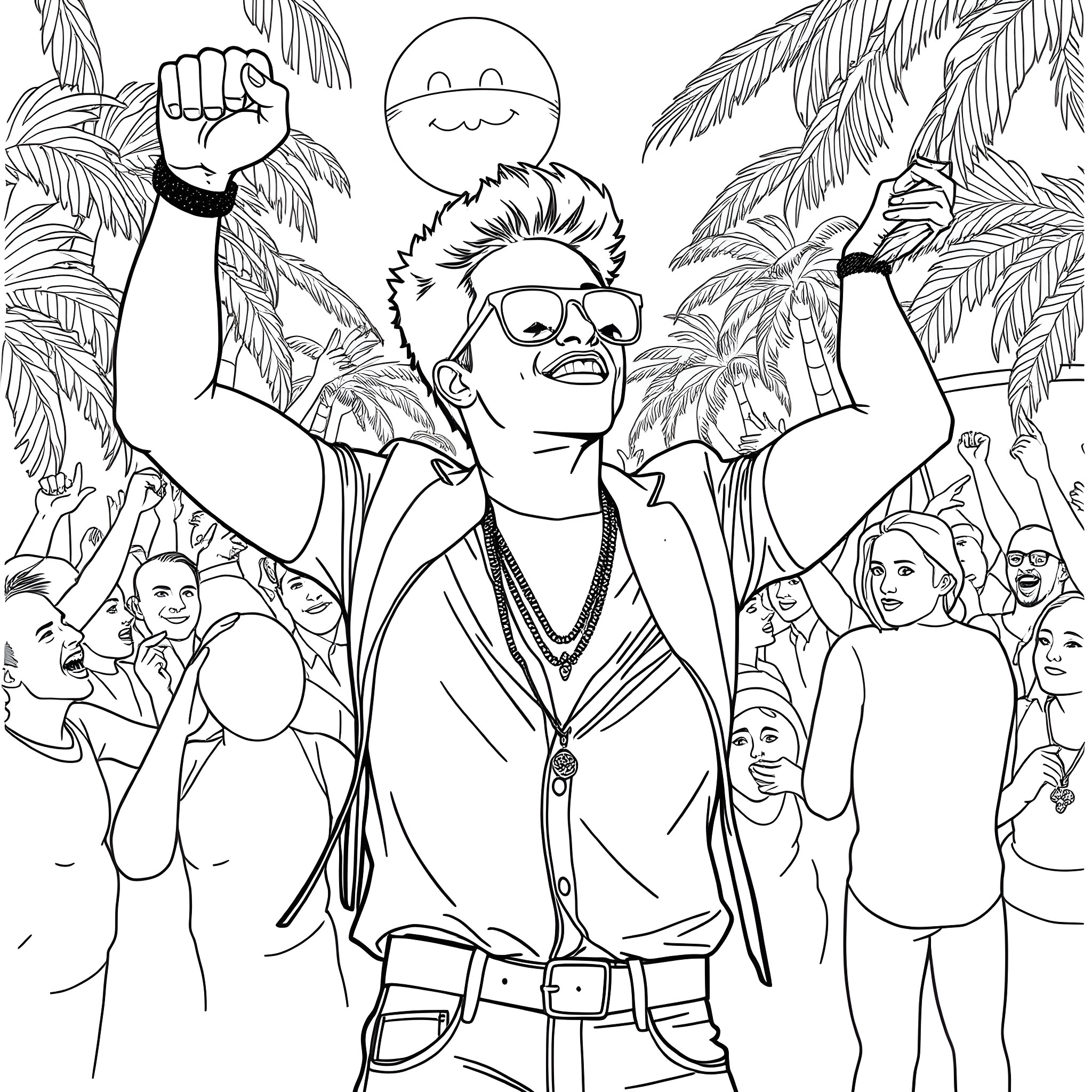 Bruno Mars Surrounded by Fans and Tropical Scenery Coloring Page (free black-and-white line drawing printable PDF for all, from beginners to advanced learners, including children, teens, adults, and seniors)