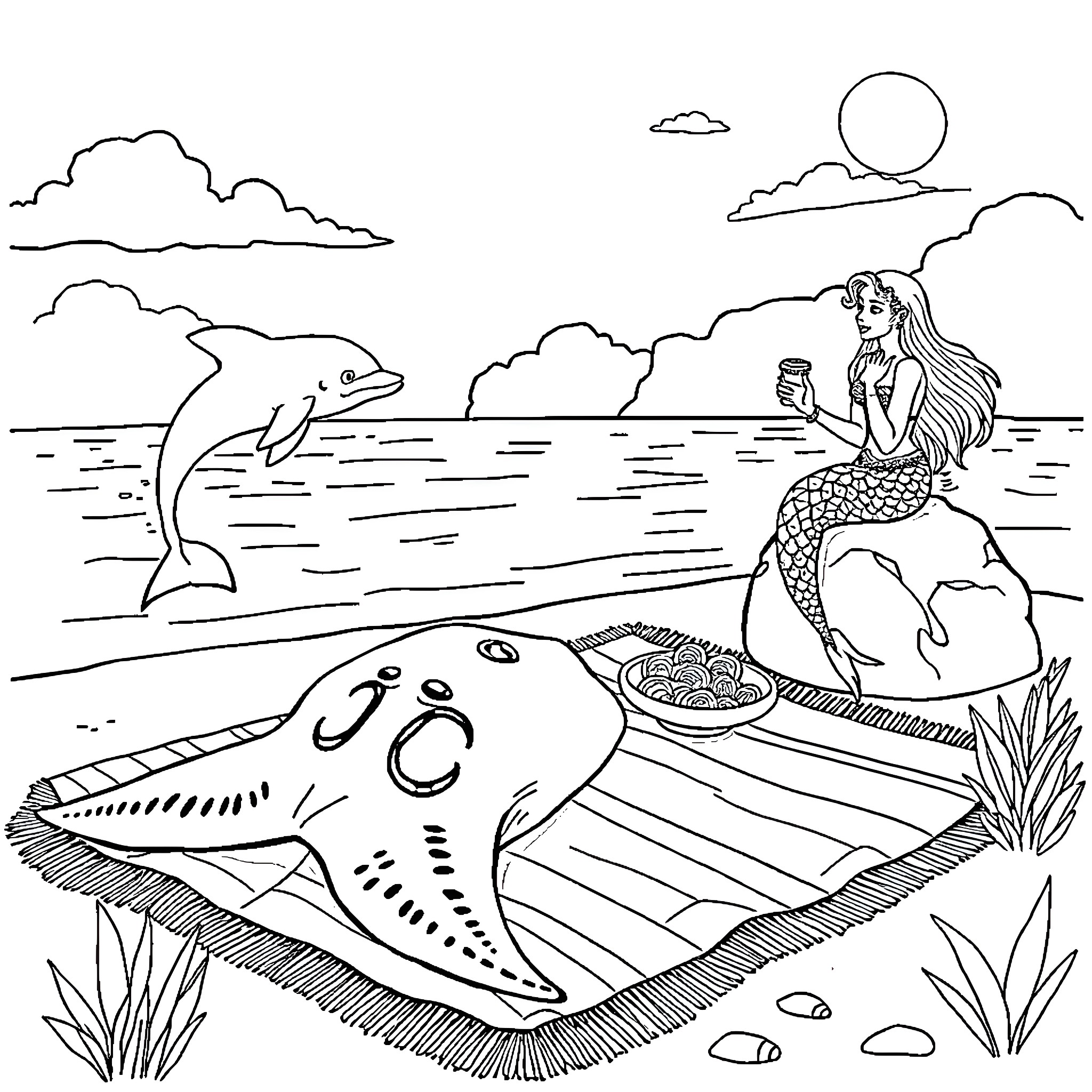 Stingray swimming beside mermaid in the ocean Coloring Page (free black-and-white line drawing printable PDF for all, from beginners to advanced learners, including children, teens, adults, and seniors)