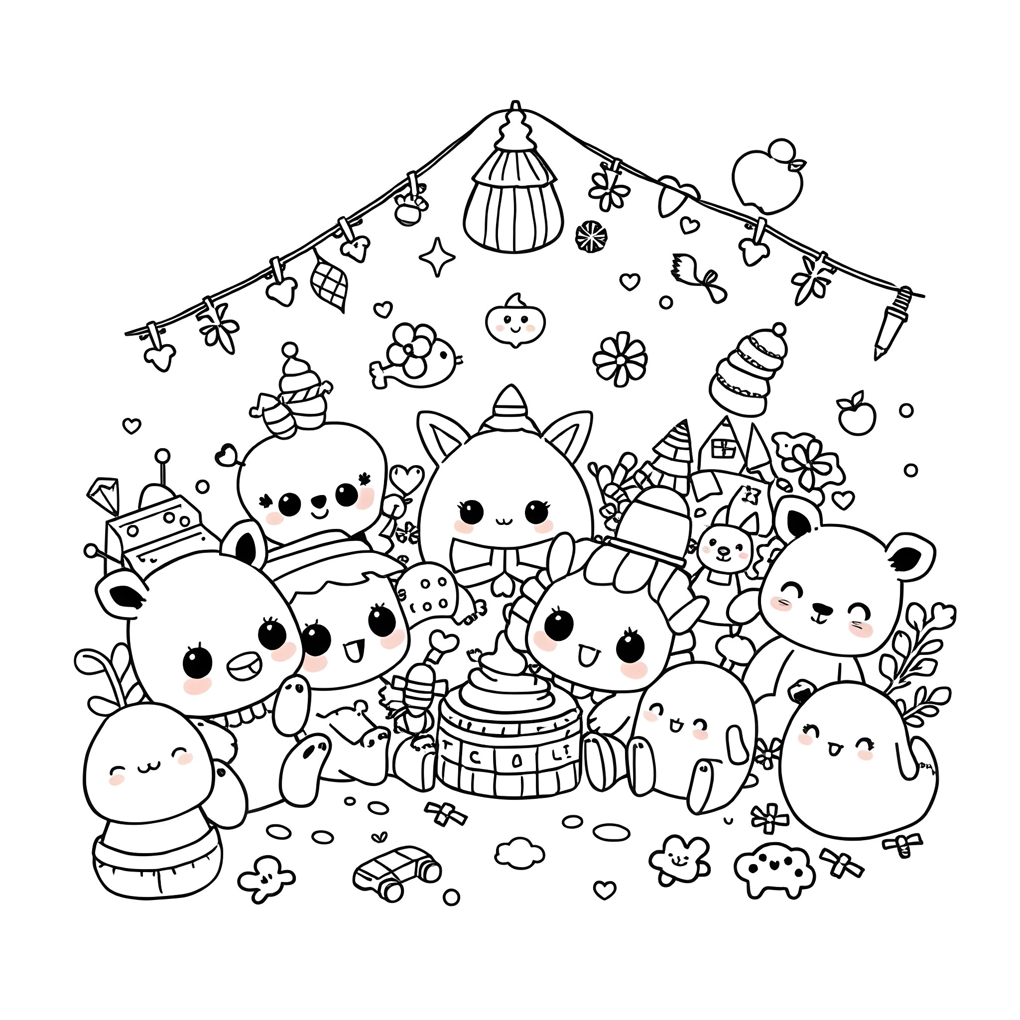 Kawaii Cute Animals Enjoying Party Decorations Coloring Page (free black-and-white line drawing printable PDF for all, from beginners to advanced learners, including children, teens, adults, and seniors)
