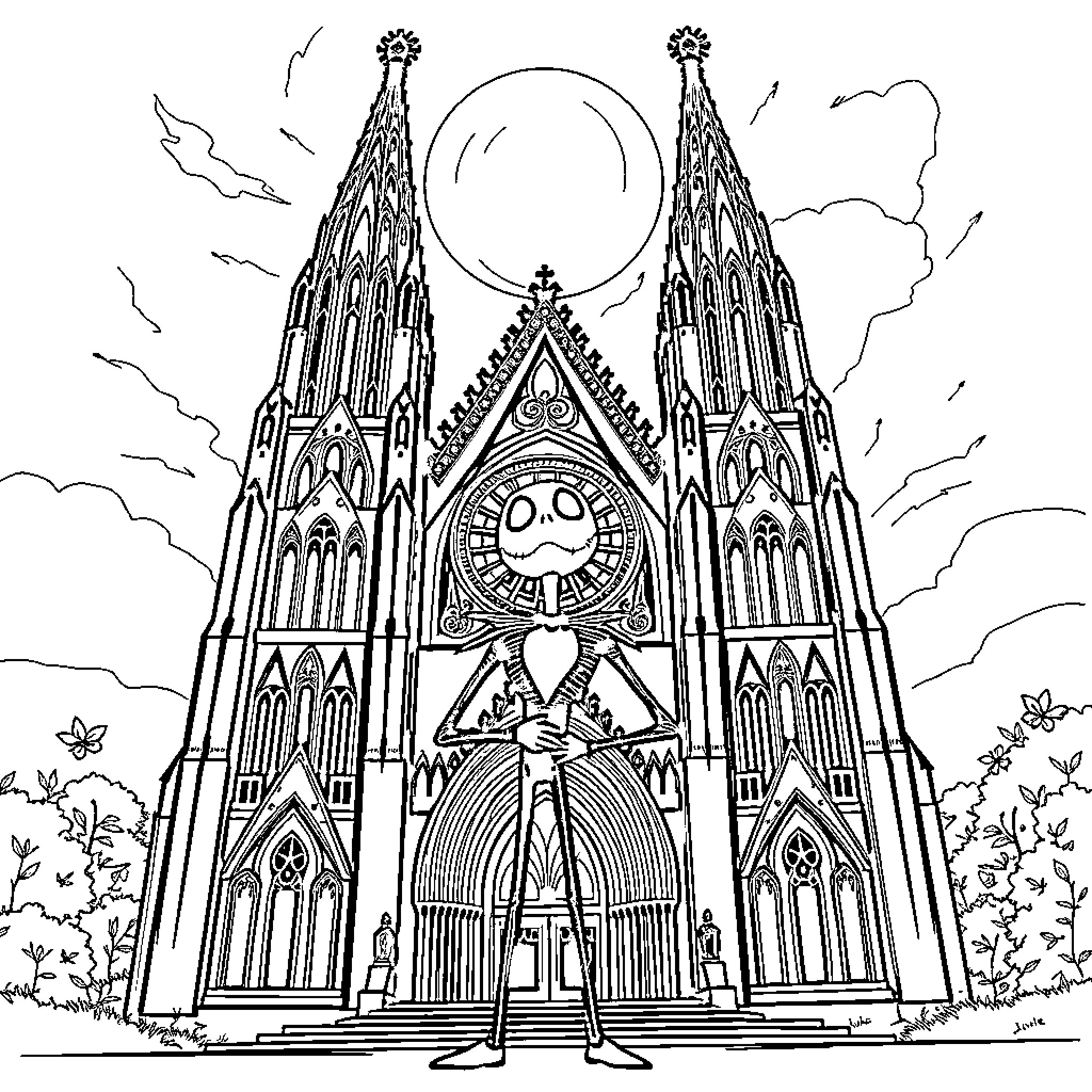 Jack Skeleton at the Gothic Cathedral Coloring Page (free black-and-white line drawing printable PDF for all, from beginners to advanced learners, including children, teens, adults, and seniors)