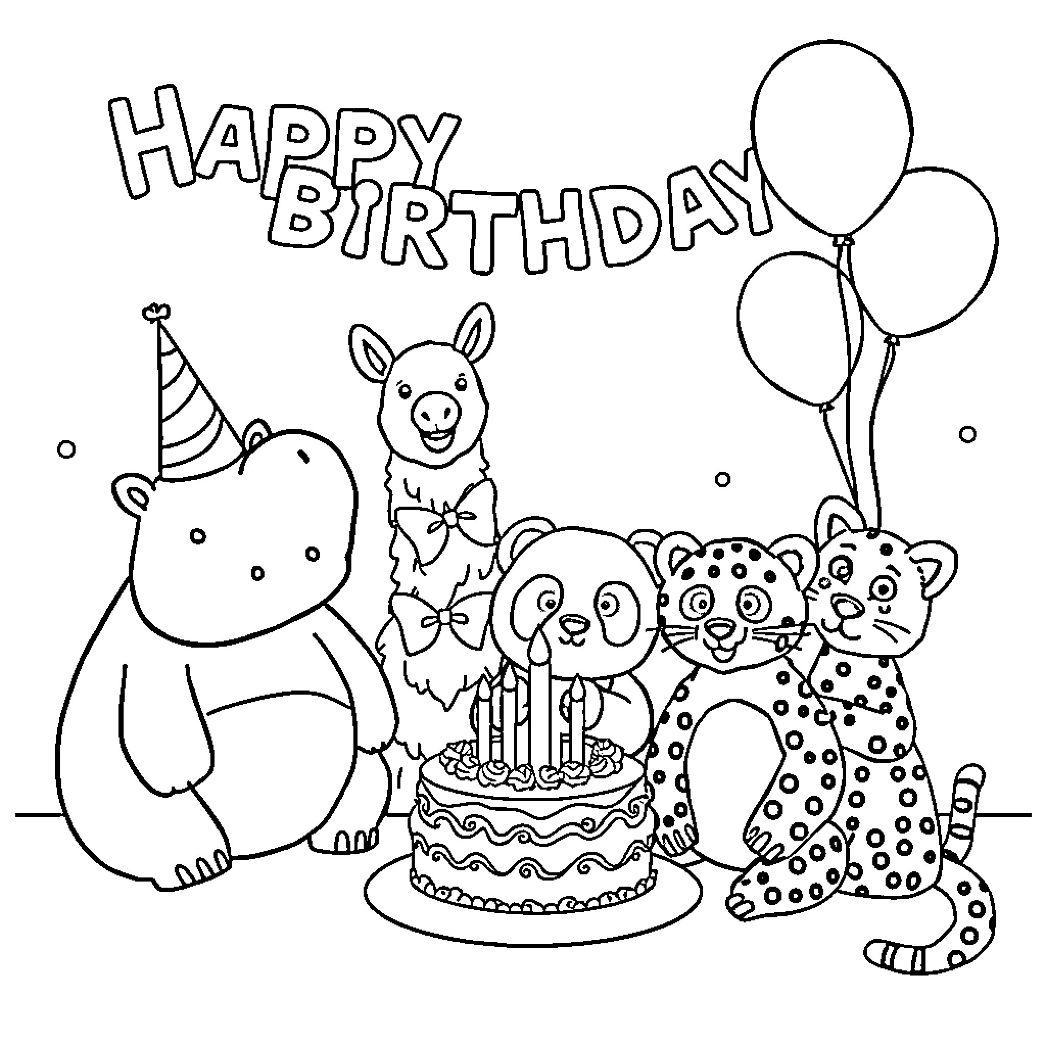 Animal birthday party with cake and balloons Coloring Page (free black-and-white line drawing printable PDF for all, from beginners to advanced learners, including children, teens, adults, and seniors)