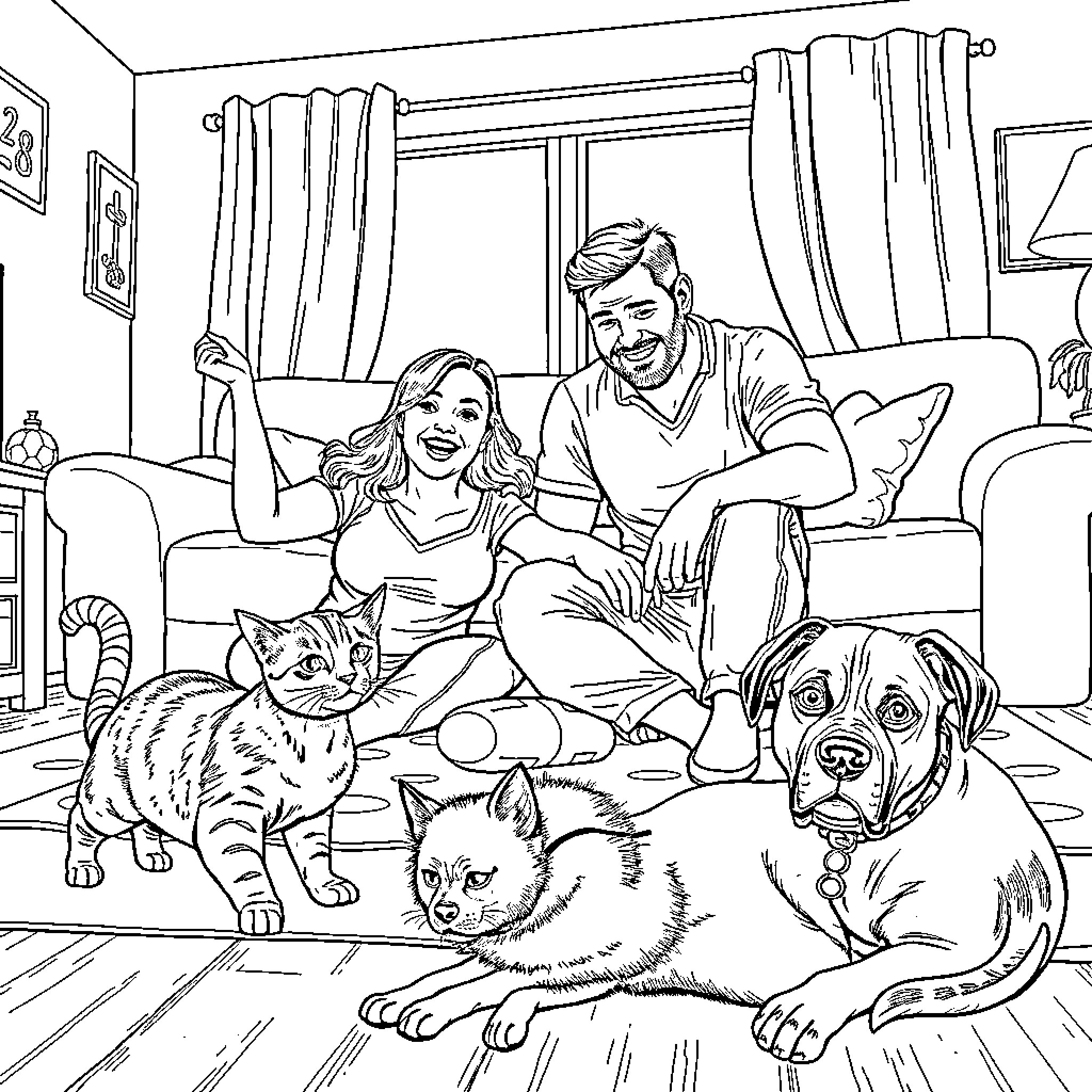 Cat and Dog Relaxing with Family on Sofa Coloring Page (free black-and-white line drawing printable PDF for all, from beginners to advanced learners, including children, teens, adults, and seniors)