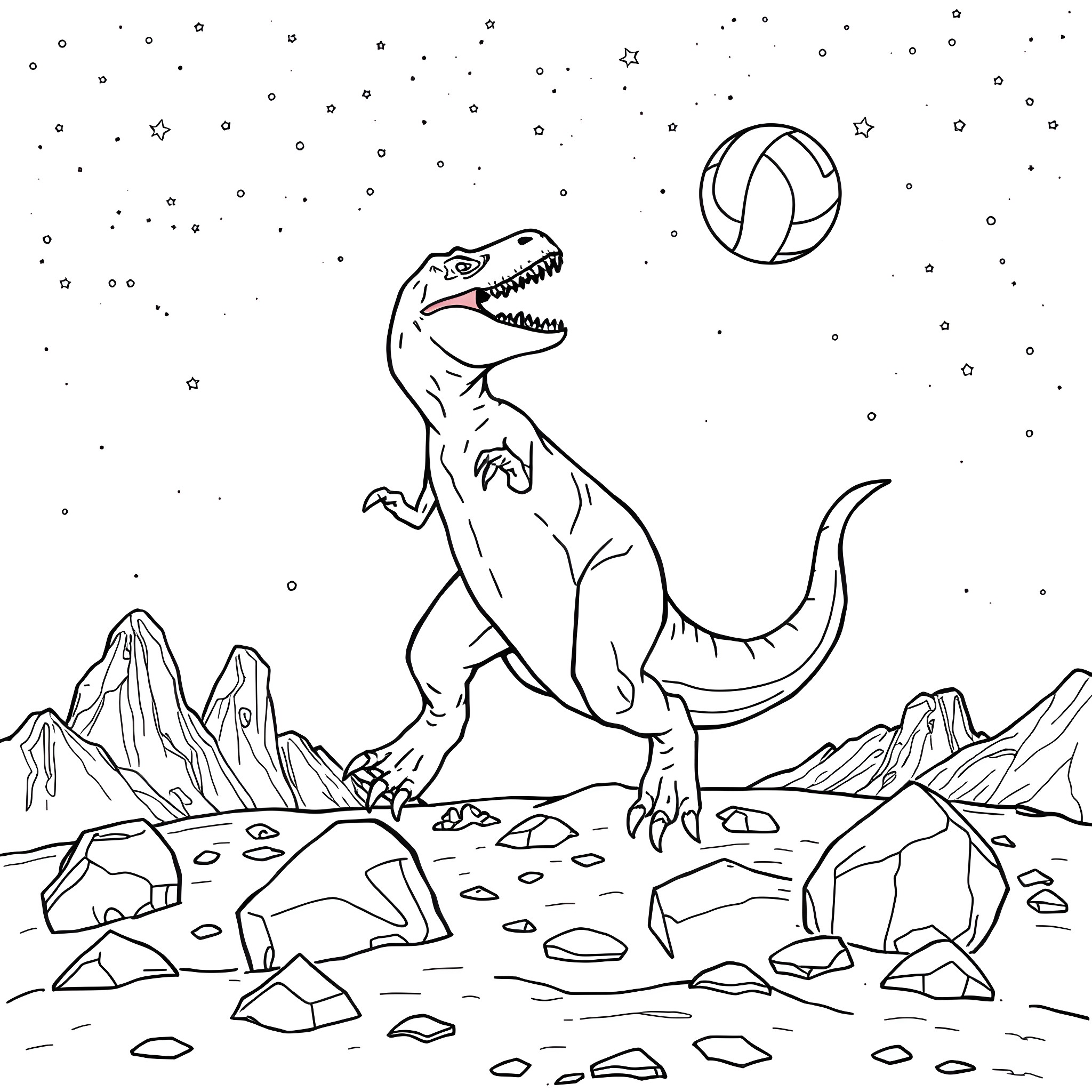 T-Rex exploring the starry night landscape Coloring Page (free black-and-white line drawing printable PDF for all, from beginners to advanced learners, including children, teens, adults, and seniors)