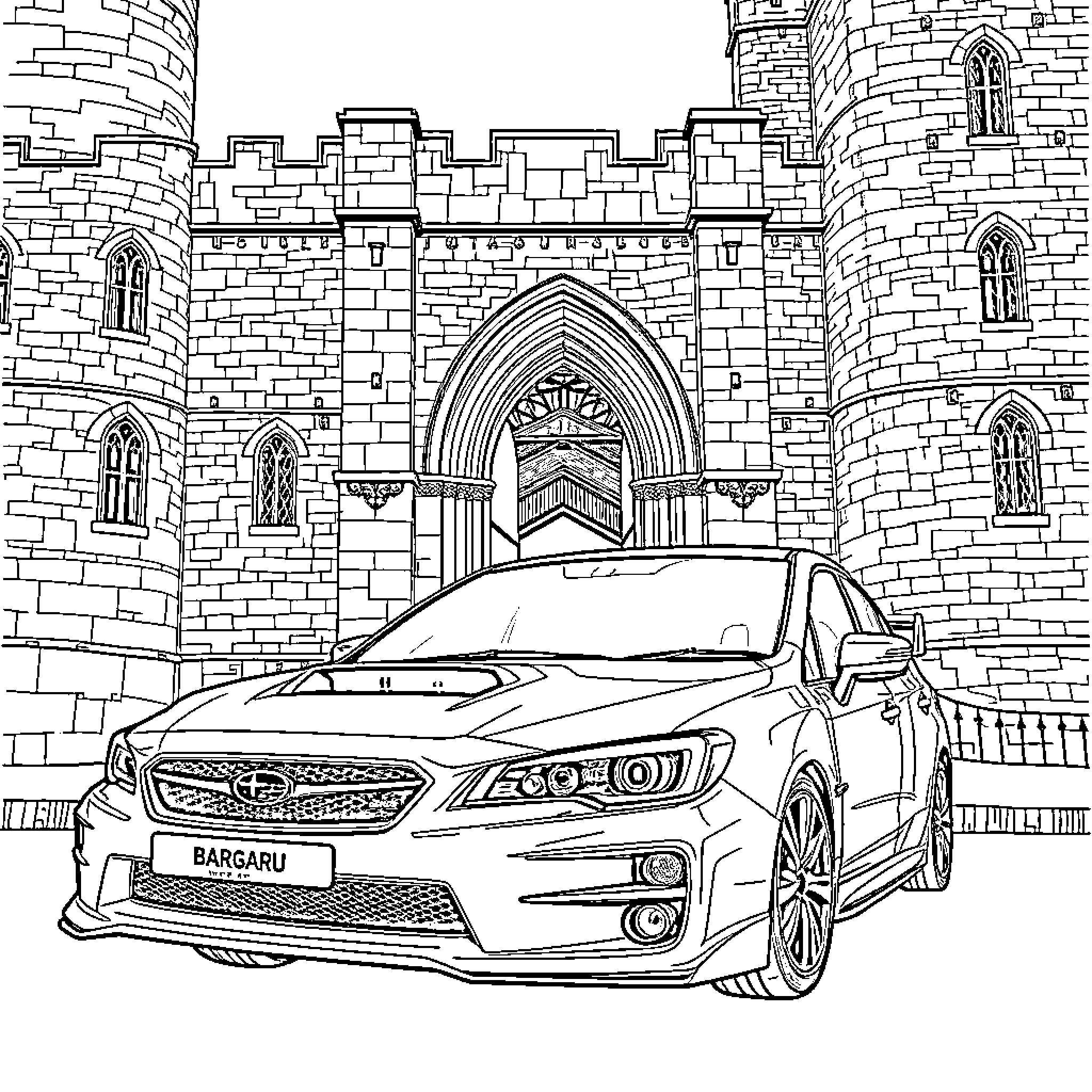 Subaru car in front of a medieval castle Coloring Page (free black-and-white line drawing printable PDF for all, from beginners to advanced learners, including children, teens, adults, and seniors)