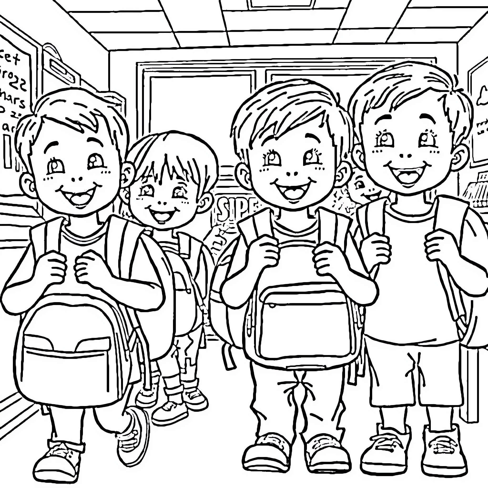 Preschoolers Enjoying School Time Together Coloring Page (free black-and-white line drawing printable PDF for all, from beginners to advanced learners, including children, teens, adults, and seniors)