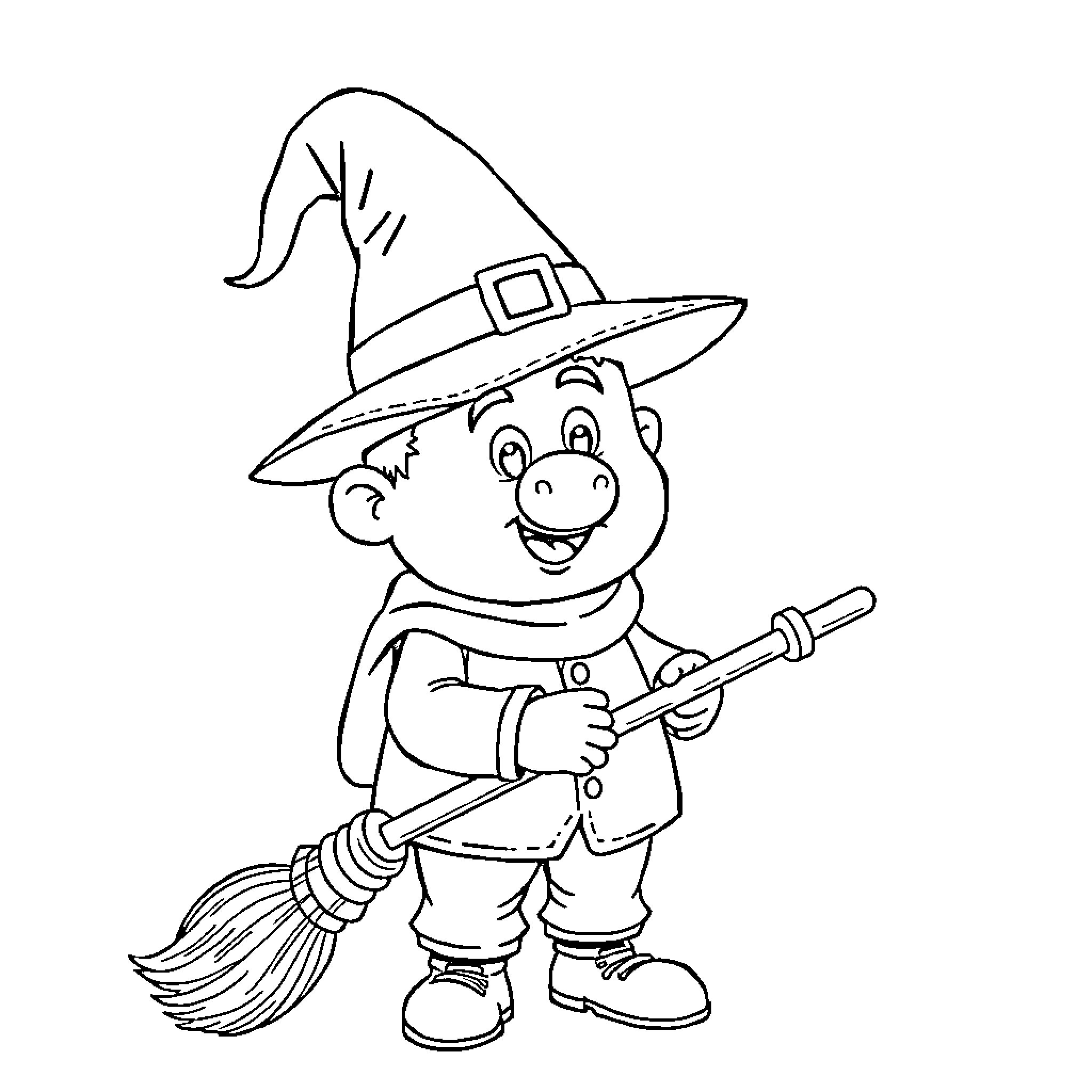 Postman Pat the Cheerful Witch Sweeping Coloring Page (free black-and-white line drawing printable PDF for all, from beginners to advanced learners, including children, teens, adults, and seniors)