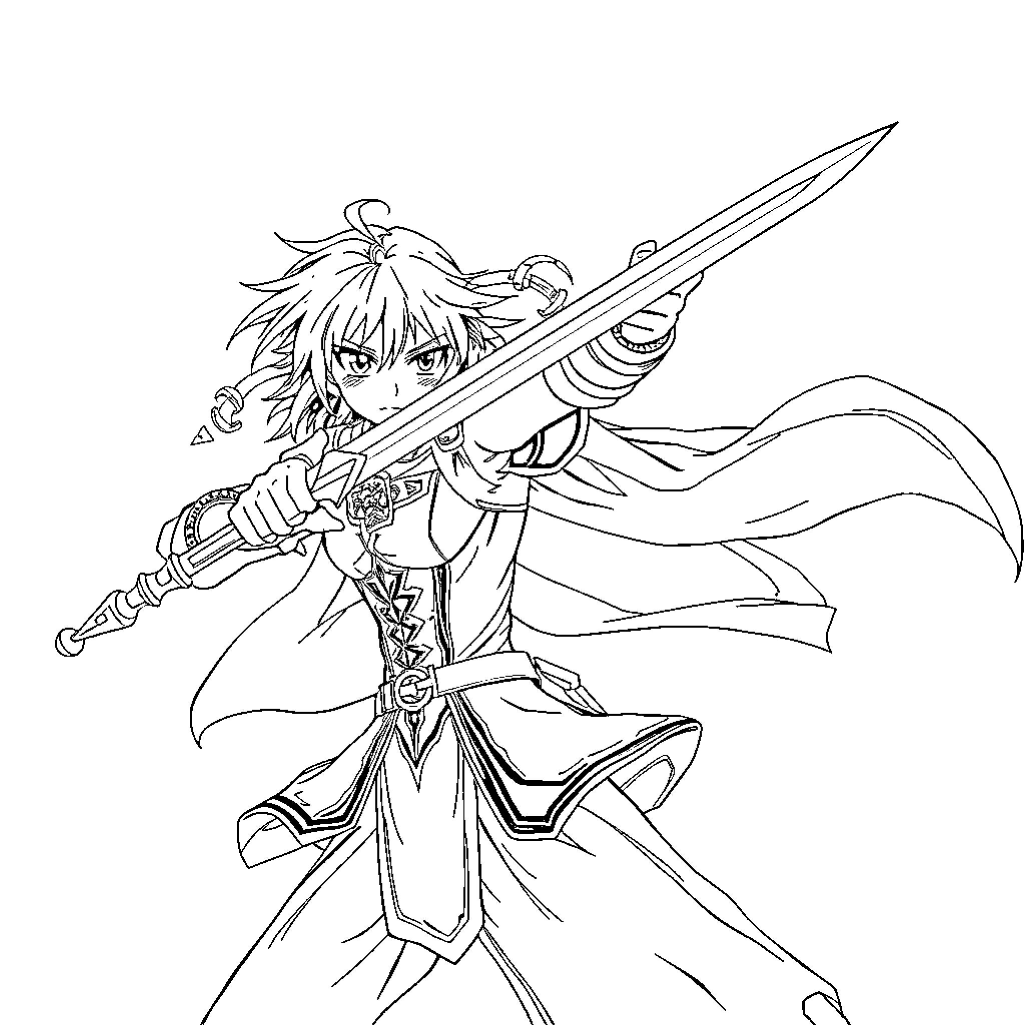Mordred wielding a sword in a heroic pose Coloring Page (free black-and-white line drawing printable PDF for all, from beginners to advanced learners, including children, teens, adults, and seniors)