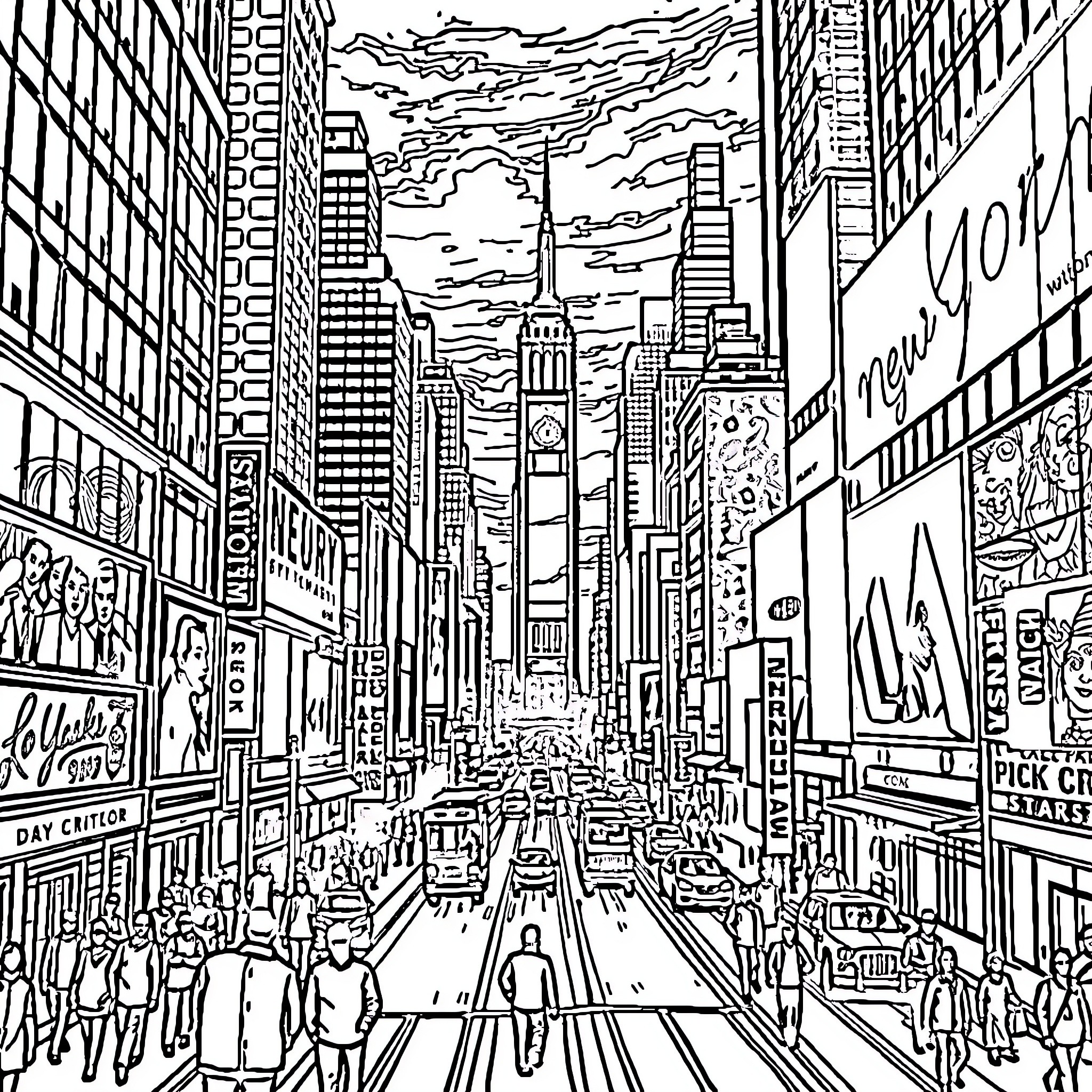 NYC Cityscape with Bustling Crowds and Architecture Coloring Page (free black-and-white line drawing printable PDF for all, from beginners to advanced learners, including children, teens, adults, and seniors)