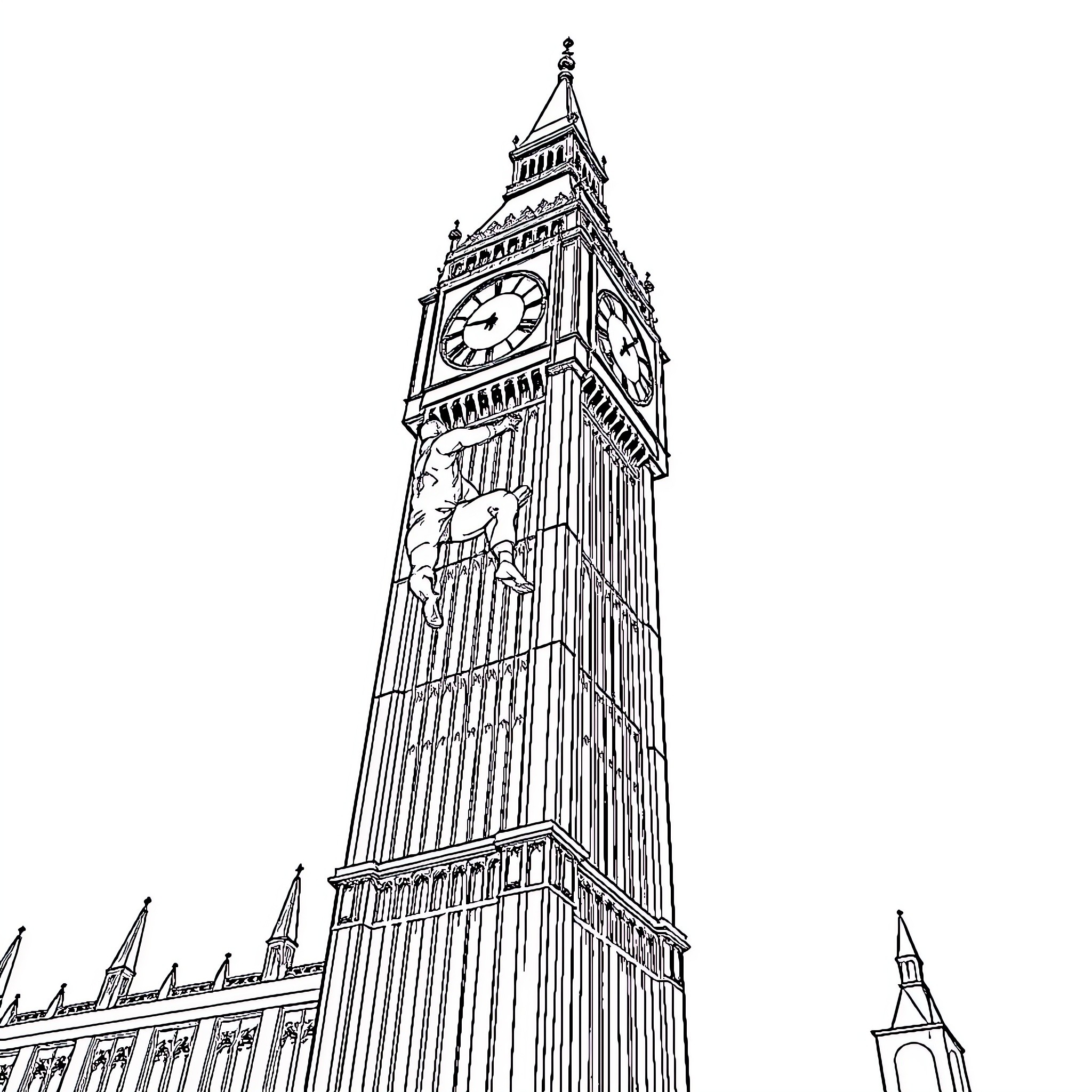Spiderman visits the iconic Big Ben landmark Coloring Page (free black-and-white line drawing printable PDF for all, from beginners to advanced learners, including children, teens, adults, and seniors)