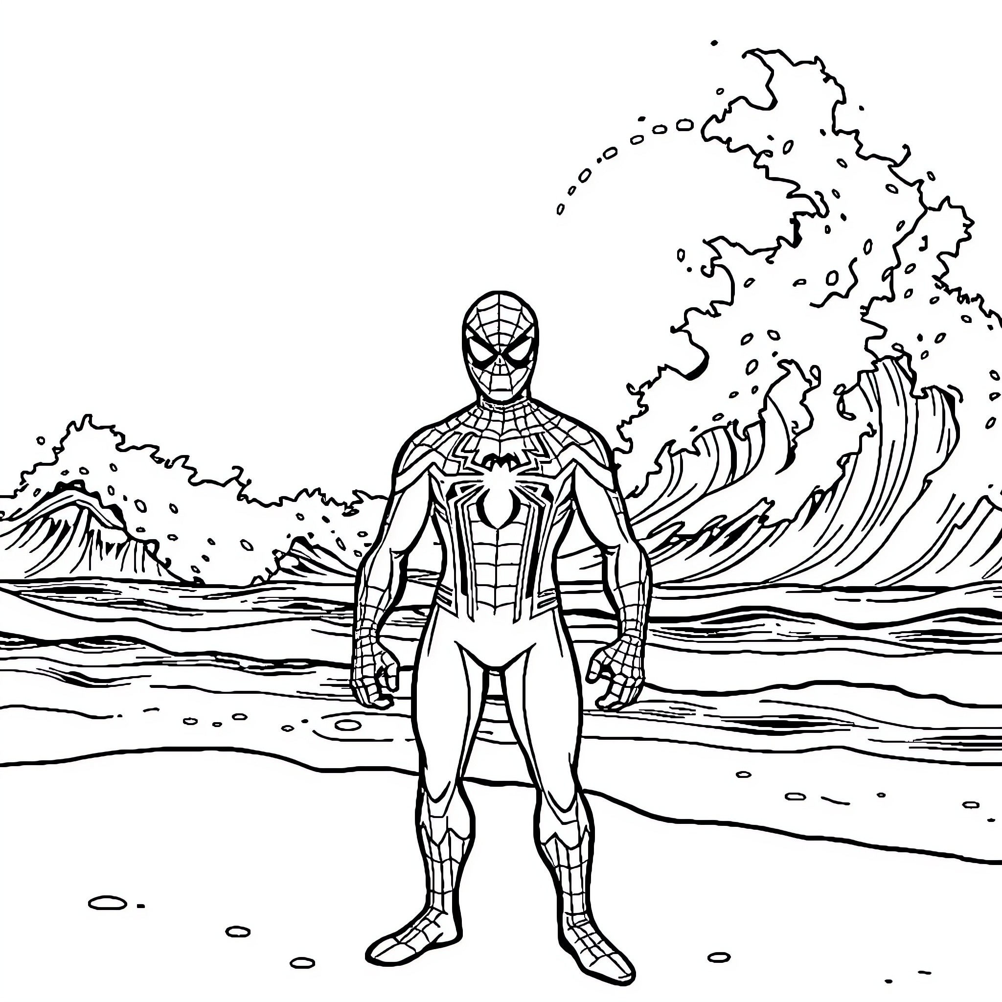 Spiderman facing the ocean waves Coloring Page (free black-and-white line drawing printable PDF for all, from beginners to advanced learners, including children, teens, adults, and seniors)