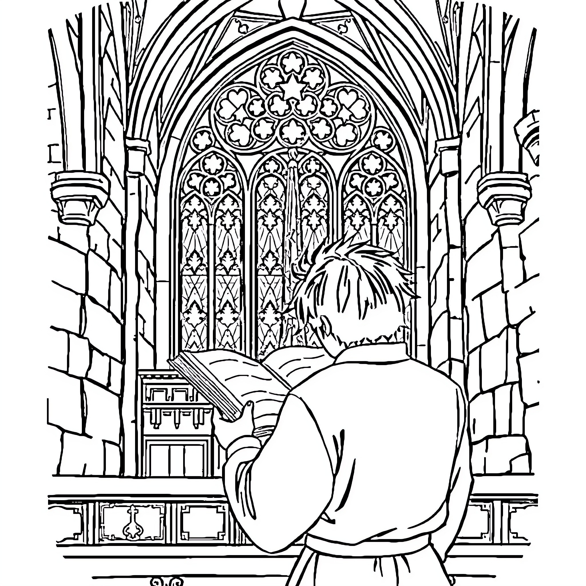 Sangoku's Solace in the Cathedral Coloring Page (free black-and-white line drawing printable PDF for all, from beginners to advanced learners, including children, teens, adults, and seniors)