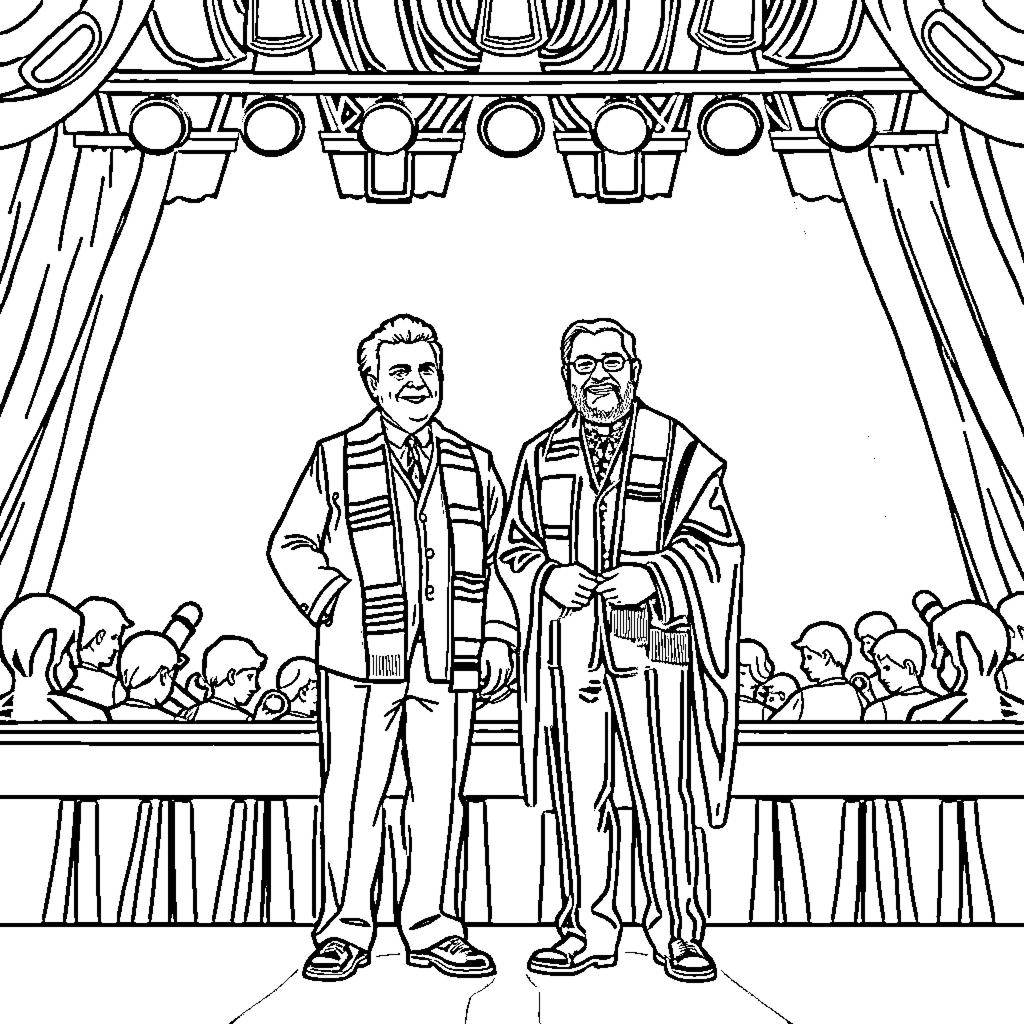Karol G performing on stage with band members Coloring Page (free black-and-white line drawing printable PDF for all, from beginners to advanced learners, including children, teens, adults, and seniors)
