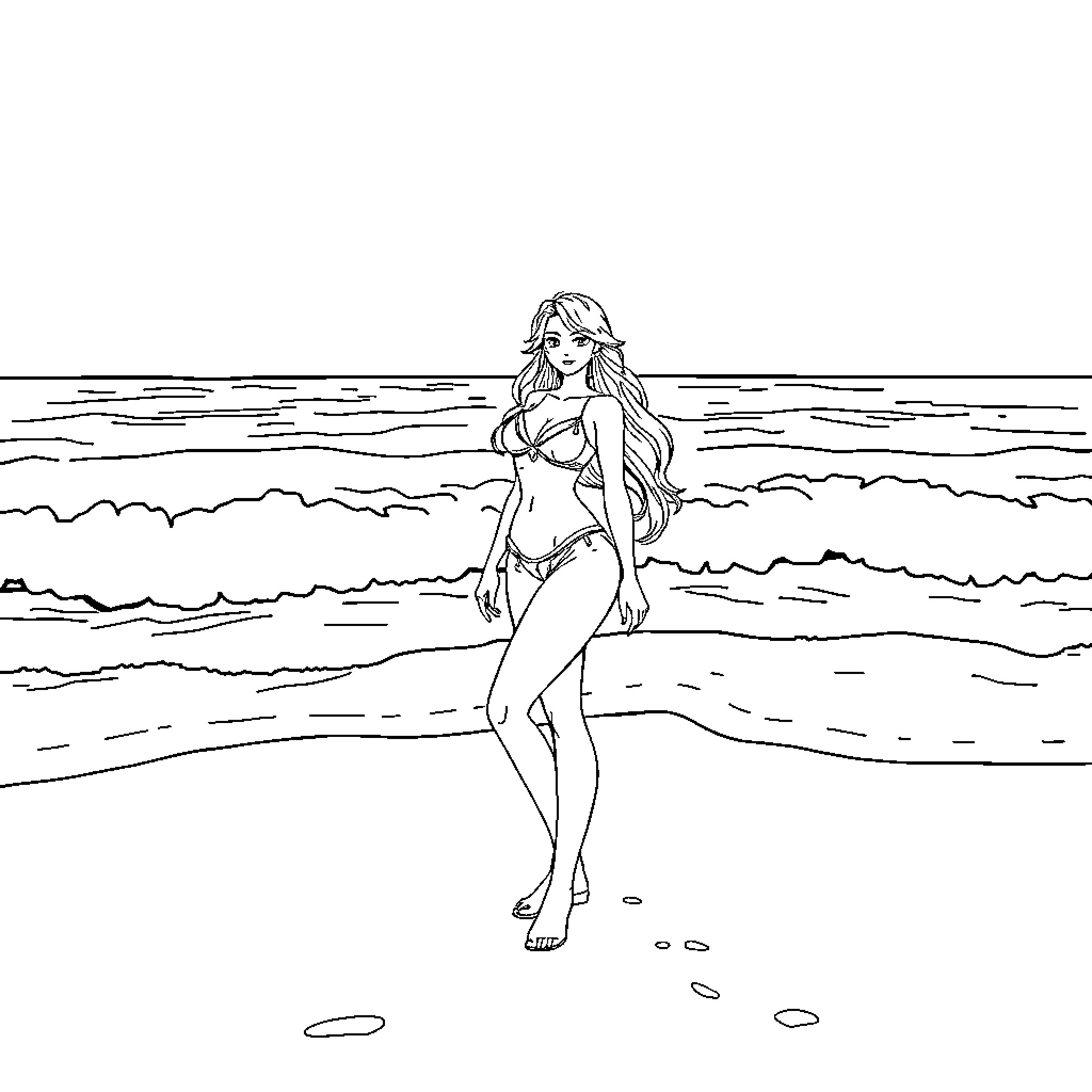 Viana walking gracefully along the shoreline Coloring Page (free black-and-white line drawing printable PDF for all, from beginners to advanced learners, including children, teens, adults, and seniors)