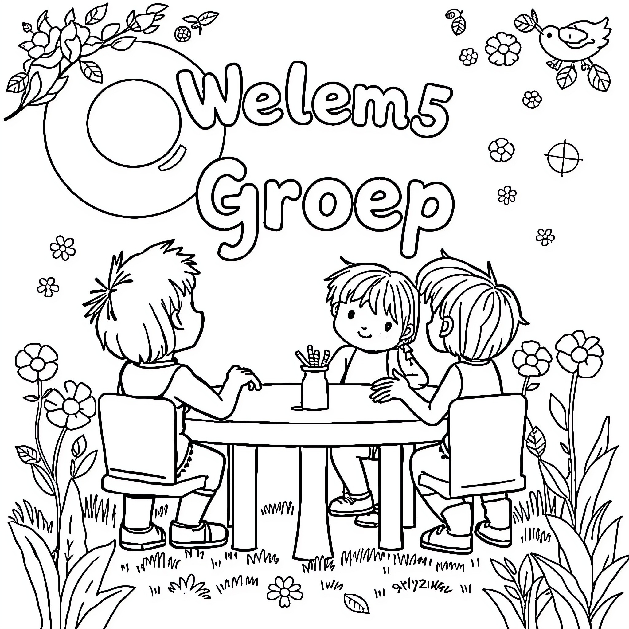 Group 5 children playing and drawing together Coloring Page (free black-and-white line drawing printable PDF for all, from beginners to advanced learners, including children, teens, adults, and seniors)
