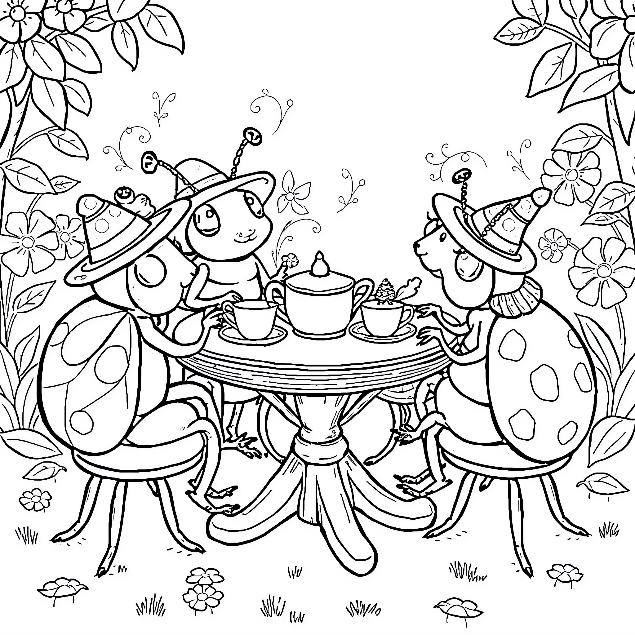 Bugs having a tea party in the garden Coloring Page (free black-and-white line drawing printable PDF for all, from beginners to advanced learners, including children, teens, adults, and seniors)