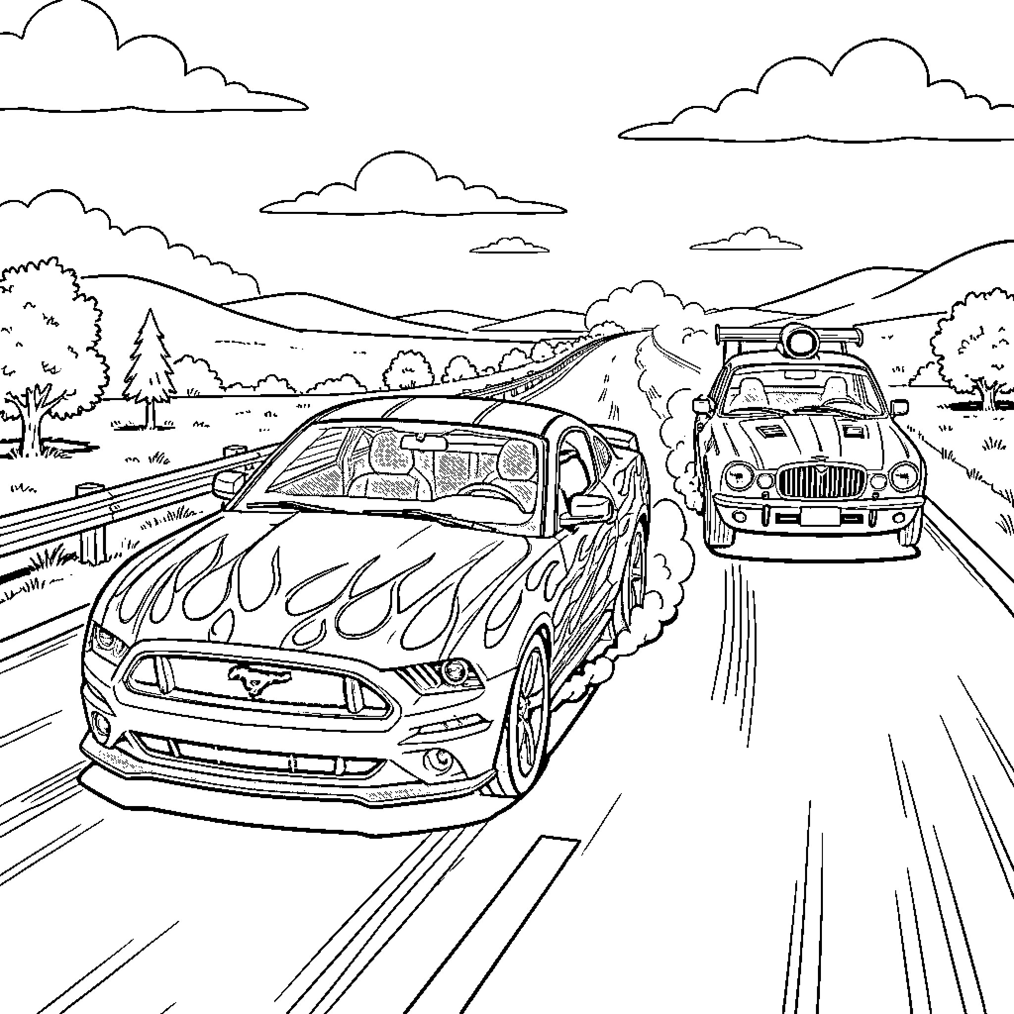 Ford Mustang racing fast down a winding mountain road Coloring Page (free black-and-white line drawing printable PDF for all, from beginners to advanced learners, including children, teens, adults, and seniors)