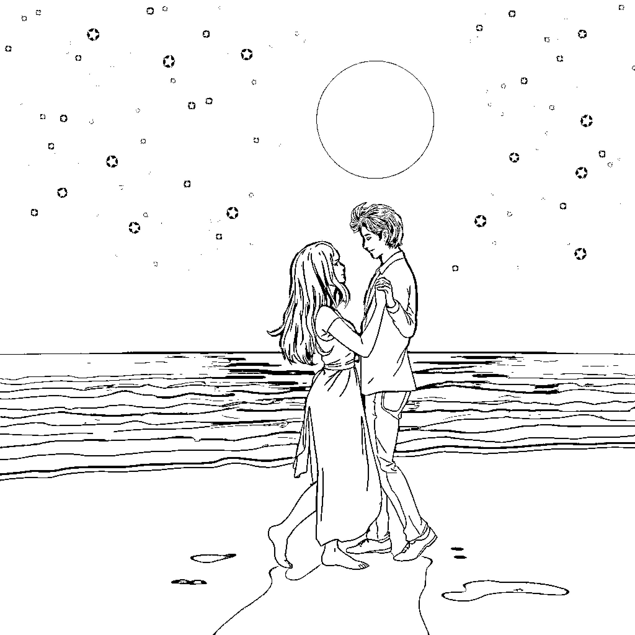 Lover's Embrace Under the Starry Sky Coloring Page (free black-and-white line drawing printable PDF for all, from beginners to advanced learners, including children, teens, adults, and seniors)