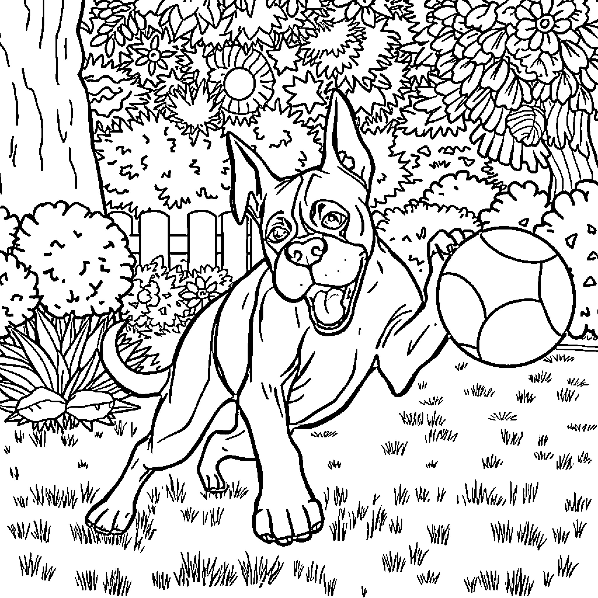 Dog playing with ball in the garden Coloring Page (free black-and-white line drawing printable PDF for all, from beginners to advanced learners, including children, teens, adults, and seniors)