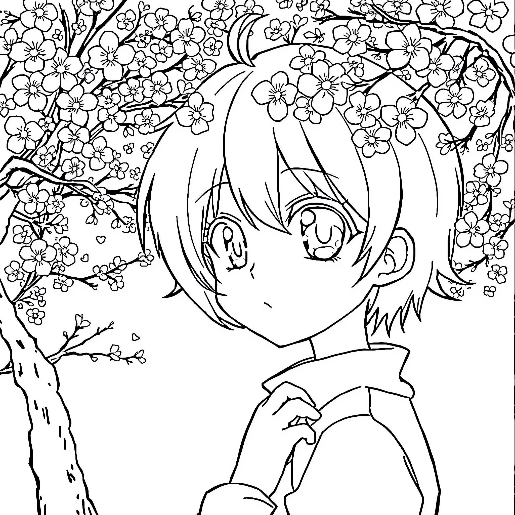 Anime Character Surrounded by Blossoming Flowers Coloring Page (free black-and-white line drawing printable PDF for all, from beginners to advanced learners, including children, teens, adults, and seniors)