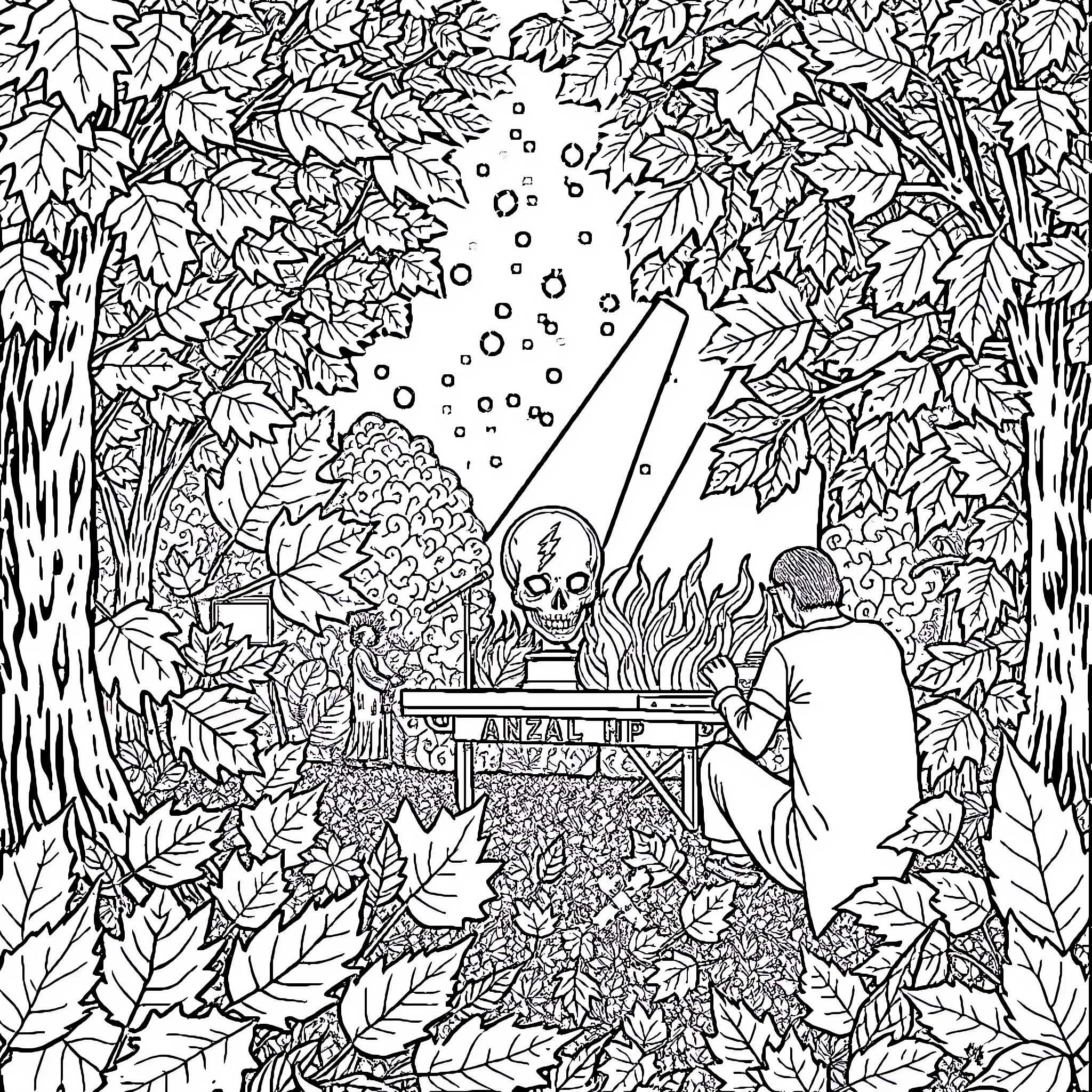 Grateful Dead in a Psychedelic Forest Landscape Coloring Page (free black-and-white line drawing printable PDF for all, from beginners to advanced learners, including children, teens, adults, and seniors)