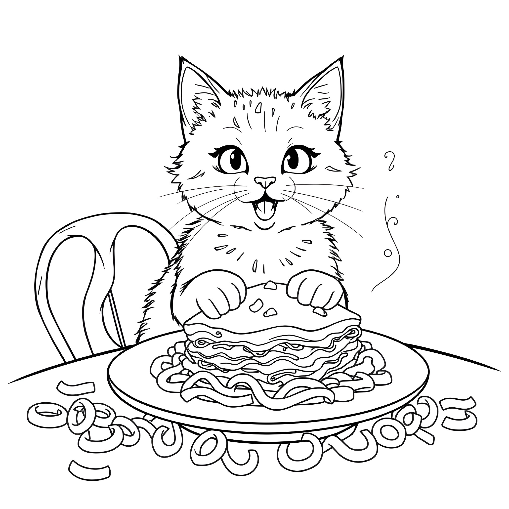 Cat enjoying a tasty meal Coloring Page (free black-and-white line drawing printable PDF for all, from beginners to advanced learners, including children, teens, adults, and seniors)