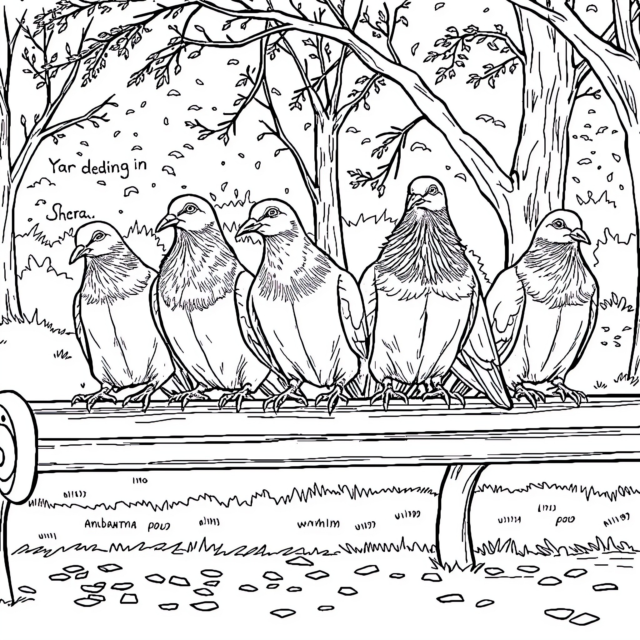 Pigeon family perched on a branch in the forest Coloring Page (free black-and-white line drawing printable PDF for all, from beginners to advanced learners, including children, teens, adults, and seniors)
