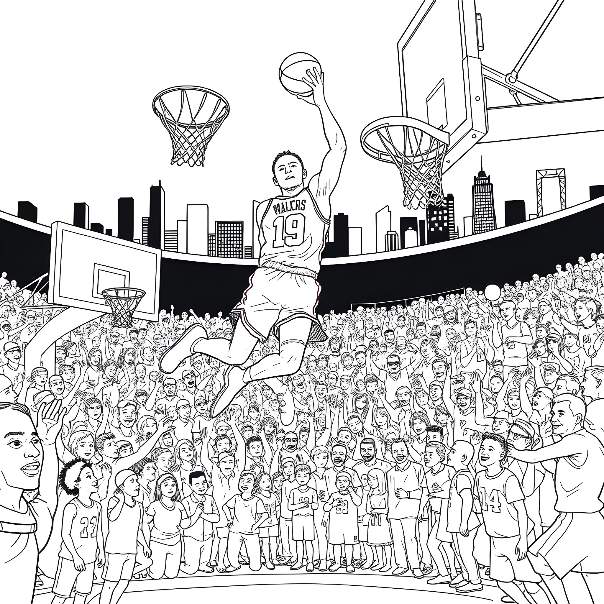 NBA2k25 Player Dunking in a Packed Stadium Coloring Page (free black-and-white line drawing printable PDF for all, from beginners to advanced learners, including children, teens, adults, and seniors)