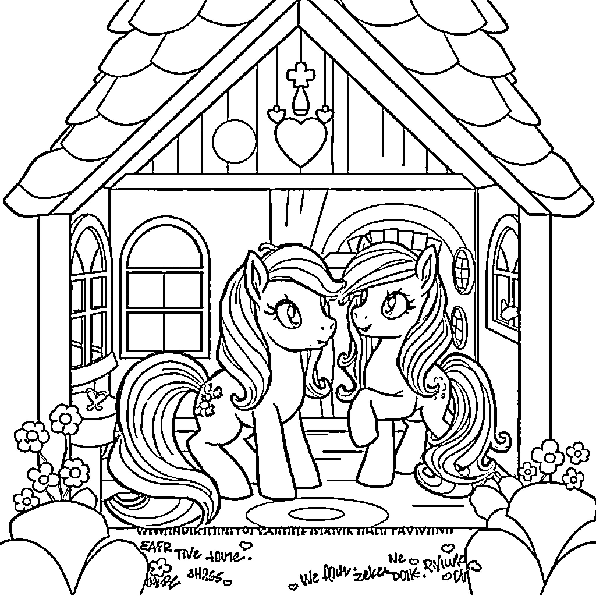 Pony friends enjoying the cozy cottage Coloring Page (free black-and-white line drawing printable PDF for all, from beginners to advanced learners, including children, teens, adults, and seniors)