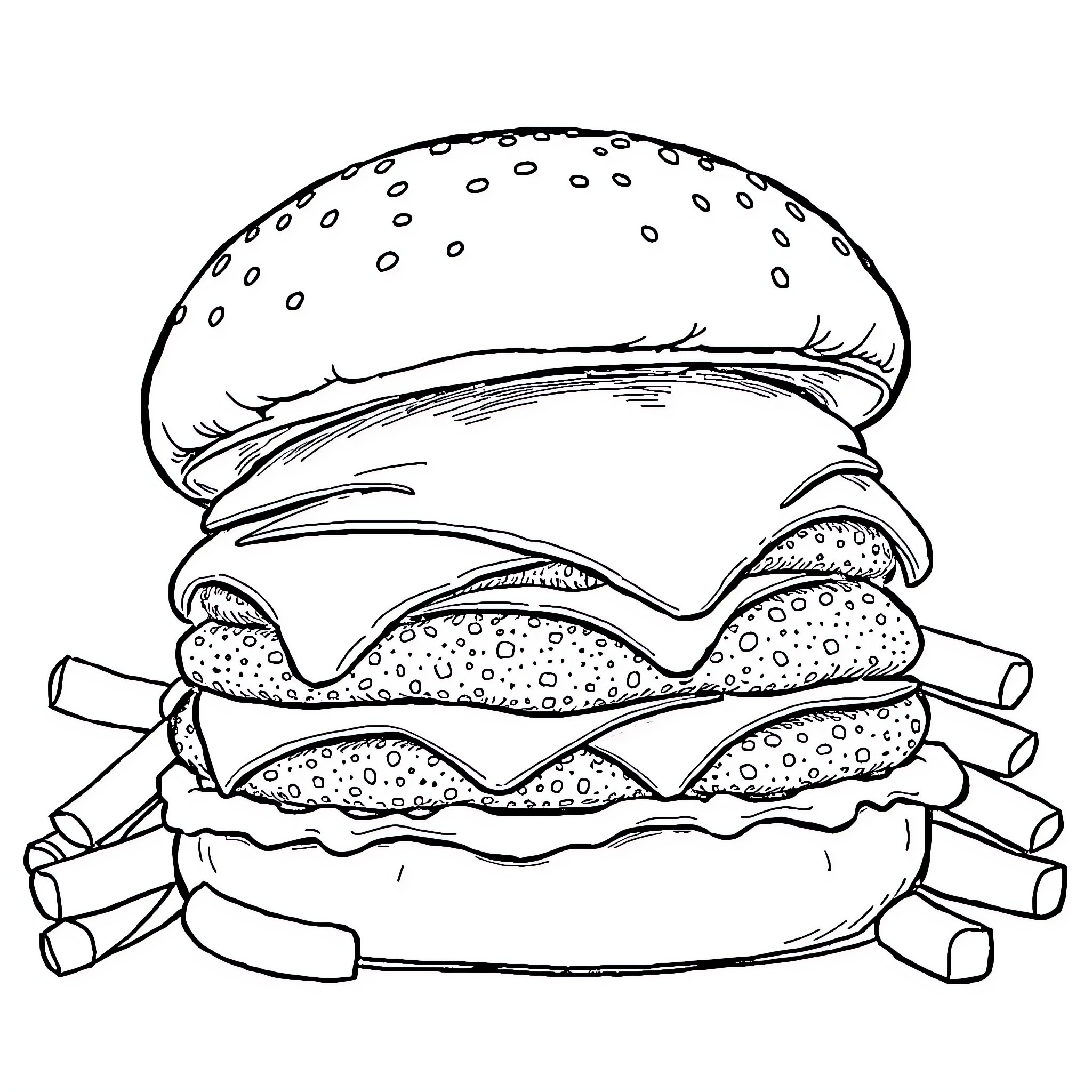 Burger with Diverse Layers and Textures Coloring Page (free black-and-white line drawing printable PDF for all, from beginners to advanced learners, including children, teens, adults, and seniors)