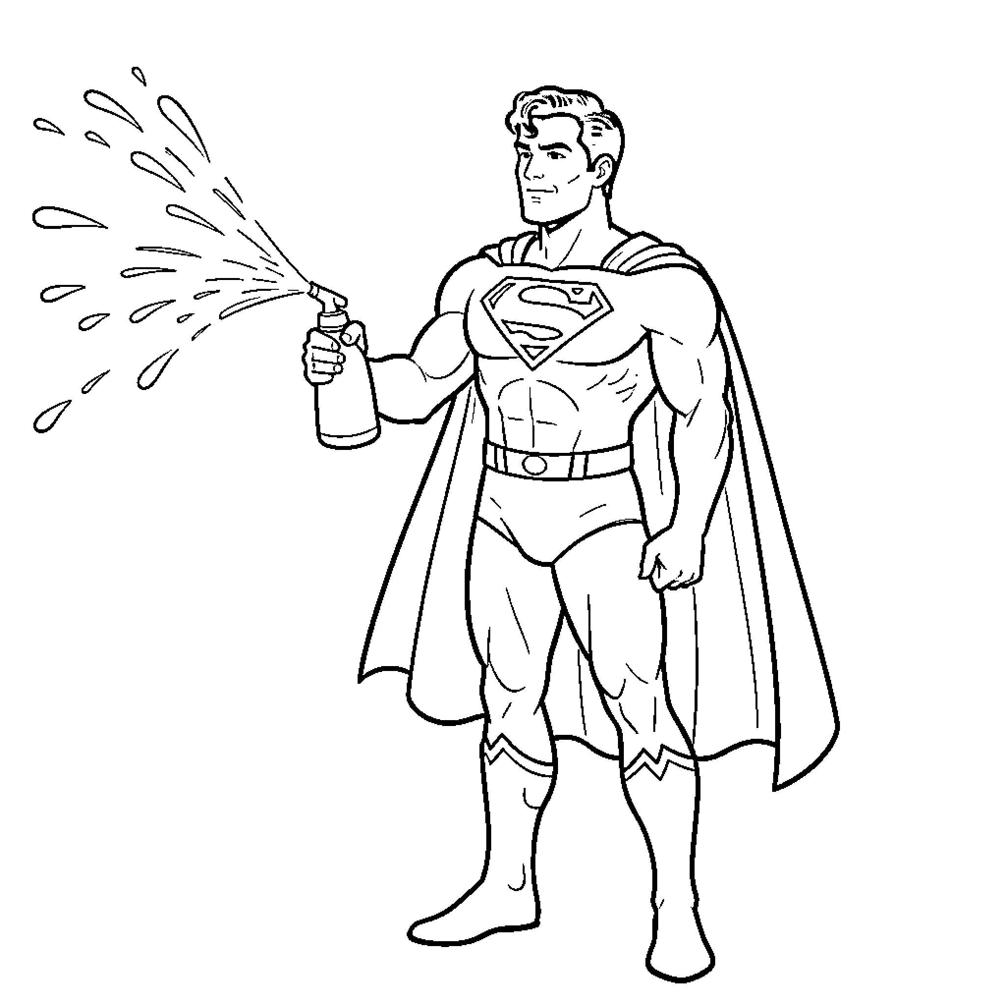 Superman spraying liquid from a handheld bottle Coloring Page (free black-and-white line drawing printable PDF for all, from beginners to advanced learners, including children, teens, adults, and seniors)