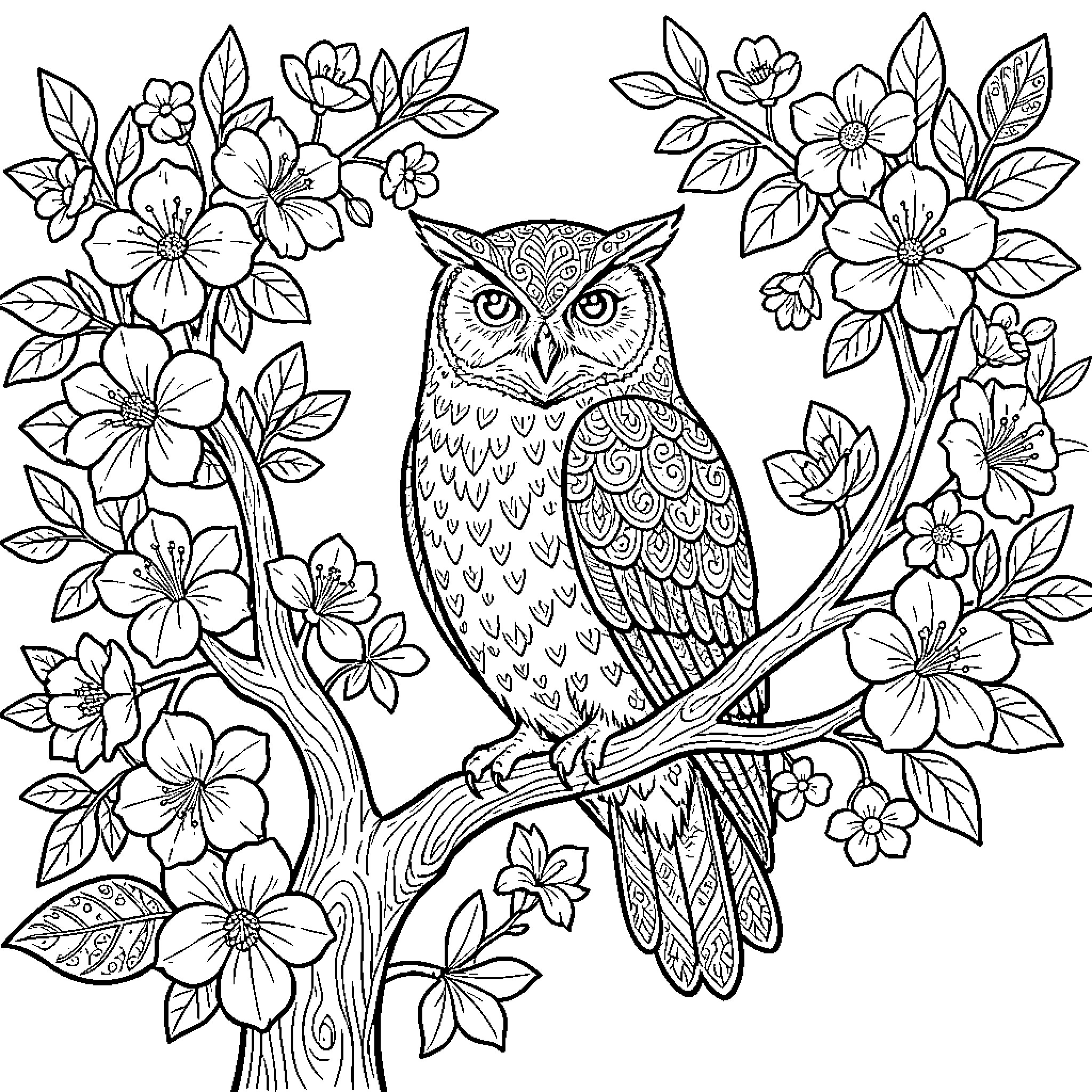 بومة تقف بهدوء فوق غصن شجرة مزهرة Coloring Page (free black-and-white line drawing printable PDF for all, from beginners to advanced learners, including children, teens, adults, and seniors)