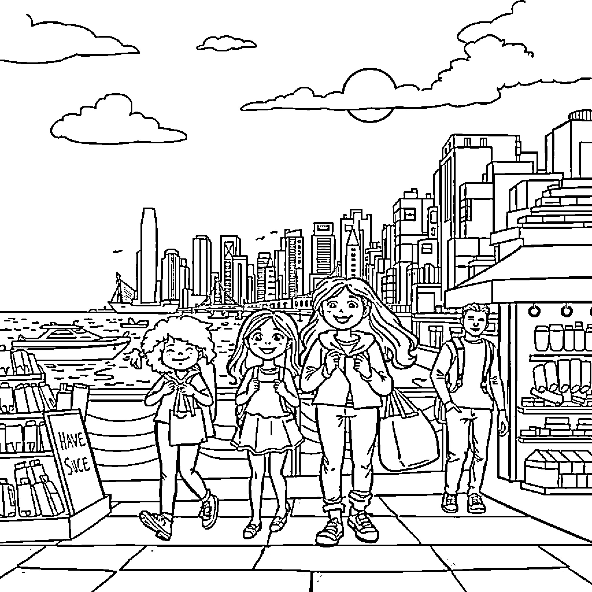 Family Exploring the Bustling City Coloring Page (free black-and-white line drawing printable PDF for all, from beginners to advanced learners, including children, teens, adults, and seniors)