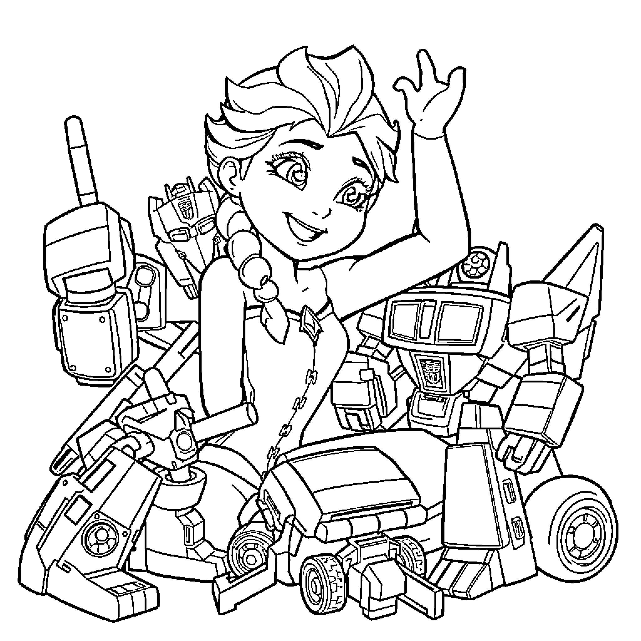 Frozen Character in Playful Robot Transformation Coloring Page (free black-and-white line drawing printable PDF for all, from beginners to advanced learners, including children, teens, adults, and seniors)