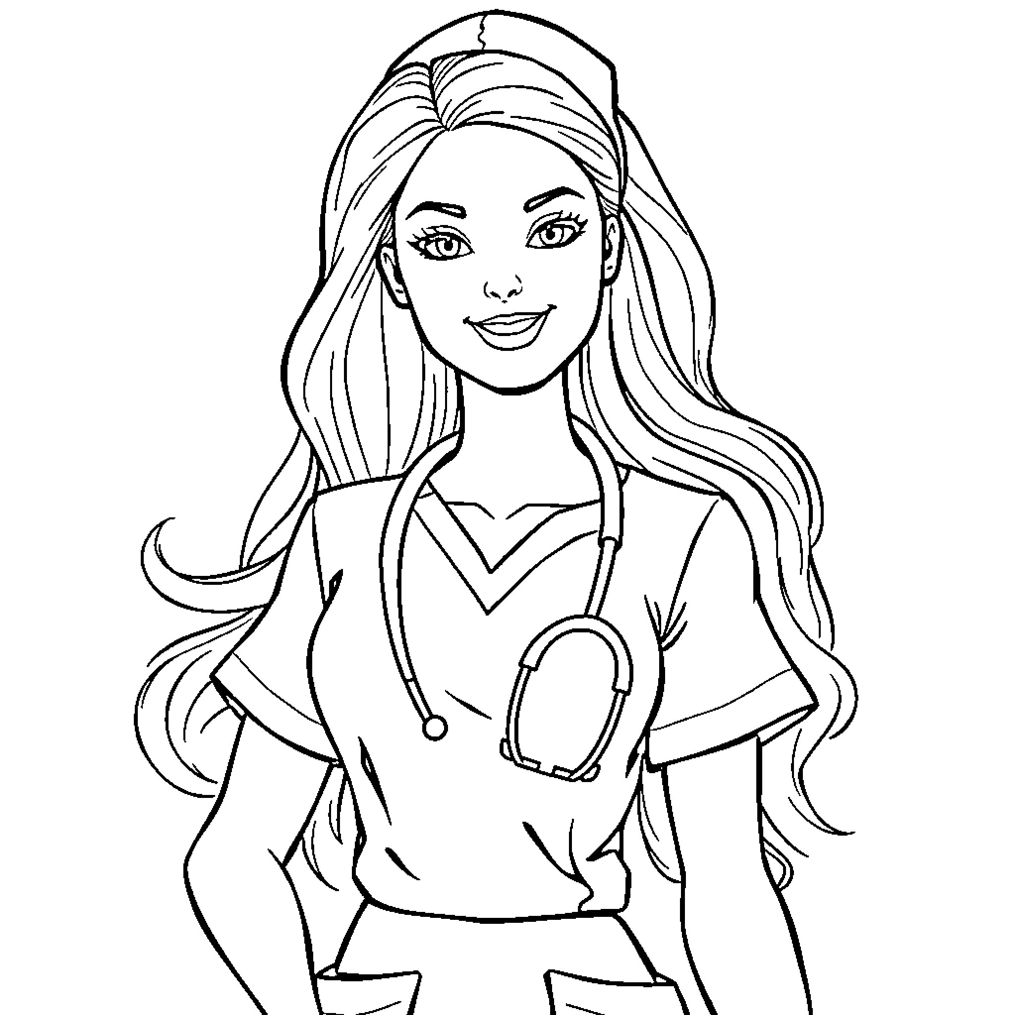 Barbie in medical attire with friendly expression Coloring Page (free black-and-white line drawing printable PDF for all, from beginners to advanced learners, including children, teens, adults, and seniors)