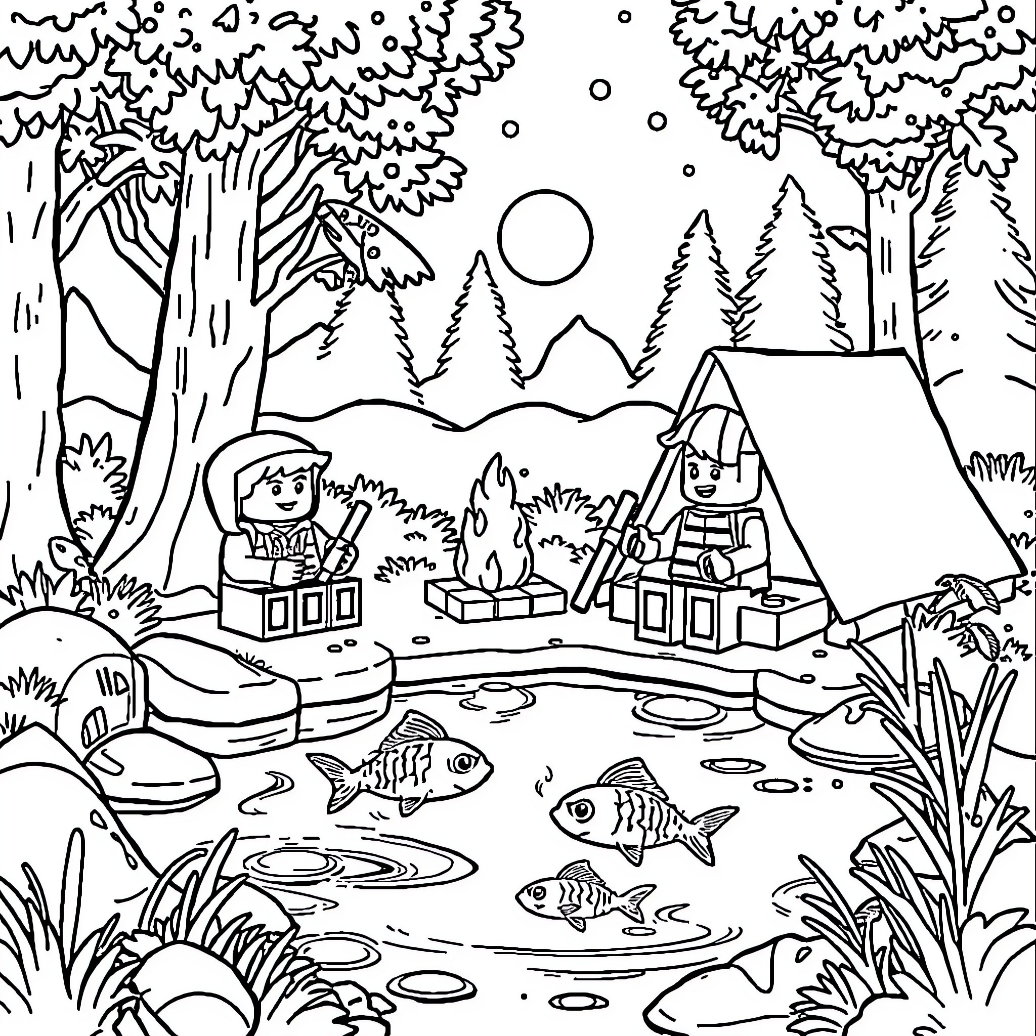 Fish friends camping in the forest Coloring Page (free black-and-white line drawing printable PDF for all, from beginners to advanced learners, including children, teens, adults, and seniors)