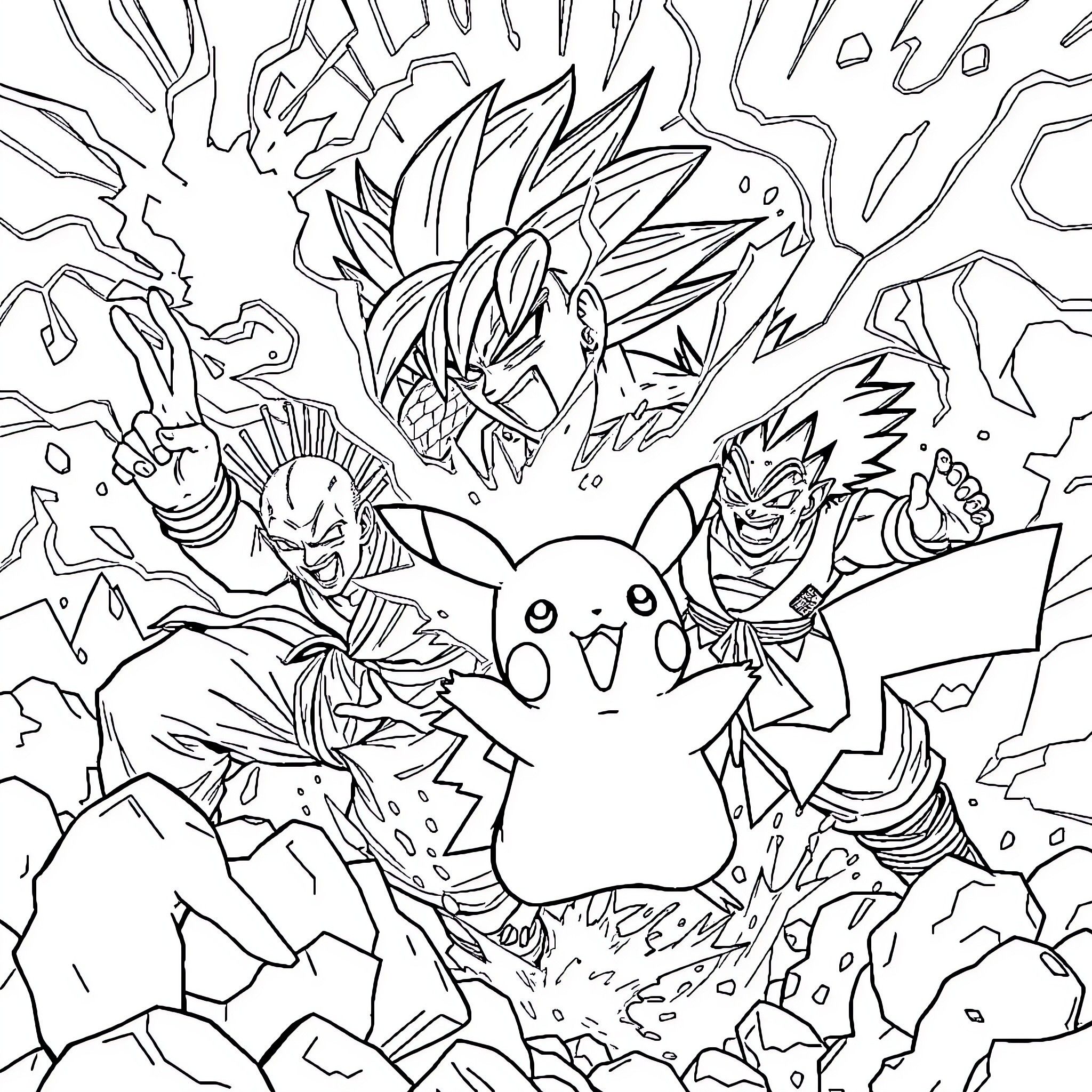 Dragon Ball Characters in Intense Battle Scene Coloring Page (free black-and-white line drawing printable PDF for all, from beginners to advanced learners, including children, teens, adults, and seniors)
