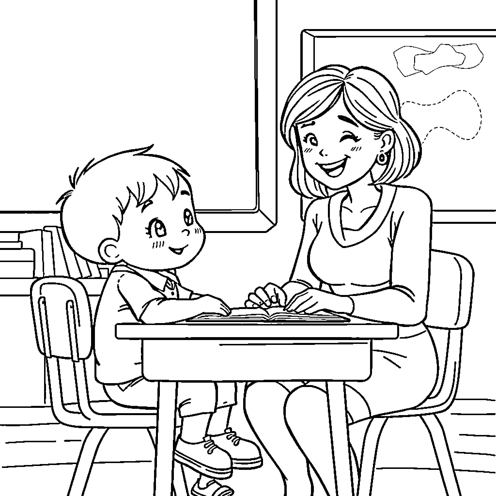 Student Studying with Teacher's Assistance in Classroom Coloring Page (free black-and-white line drawing printable PDF for all, from beginners to advanced learners, including children, teens, adults, and seniors)