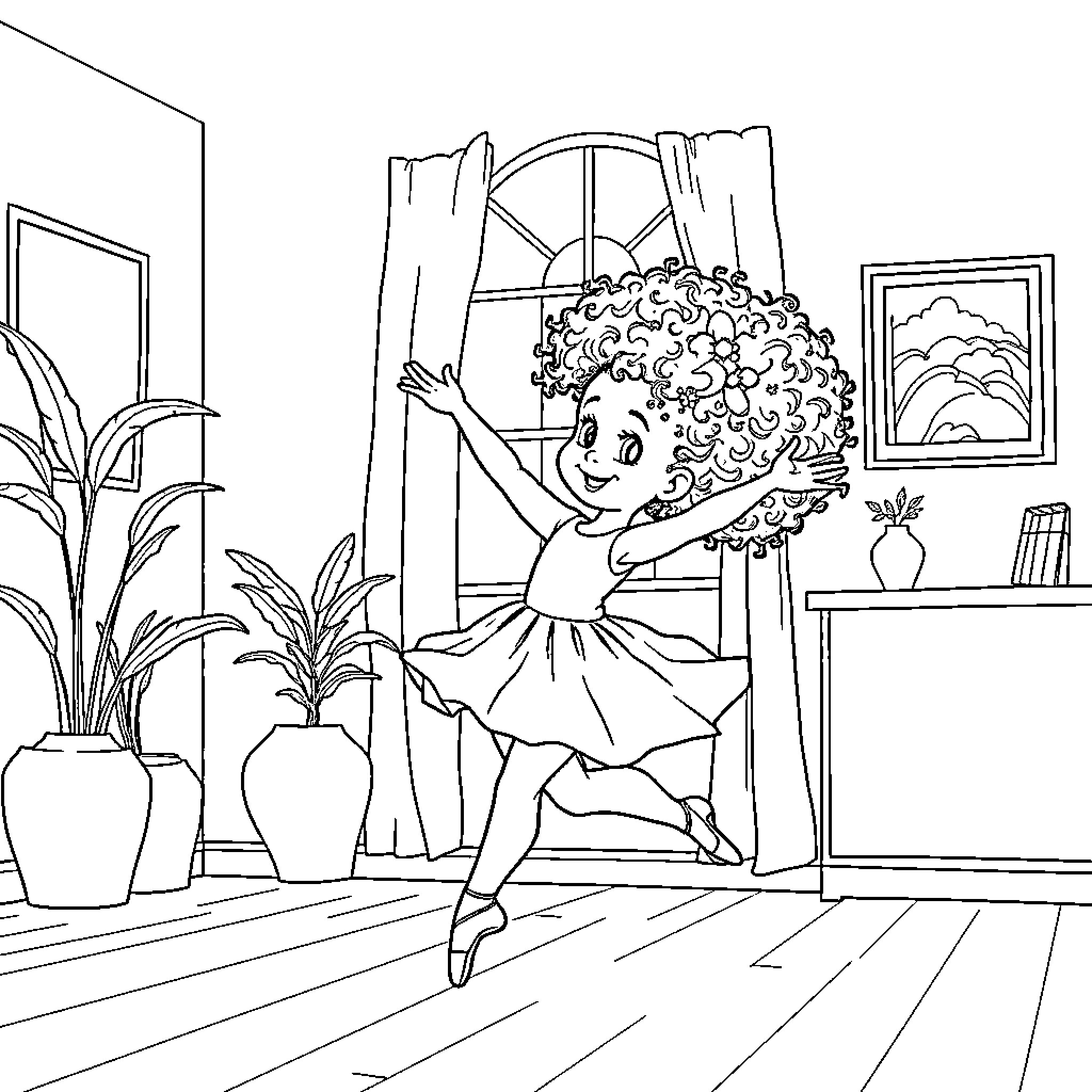 Girl dancing joyfully in her room Coloring Page (free black-and-white line drawing printable PDF for all, from beginners to advanced learners, including children, teens, adults, and seniors)