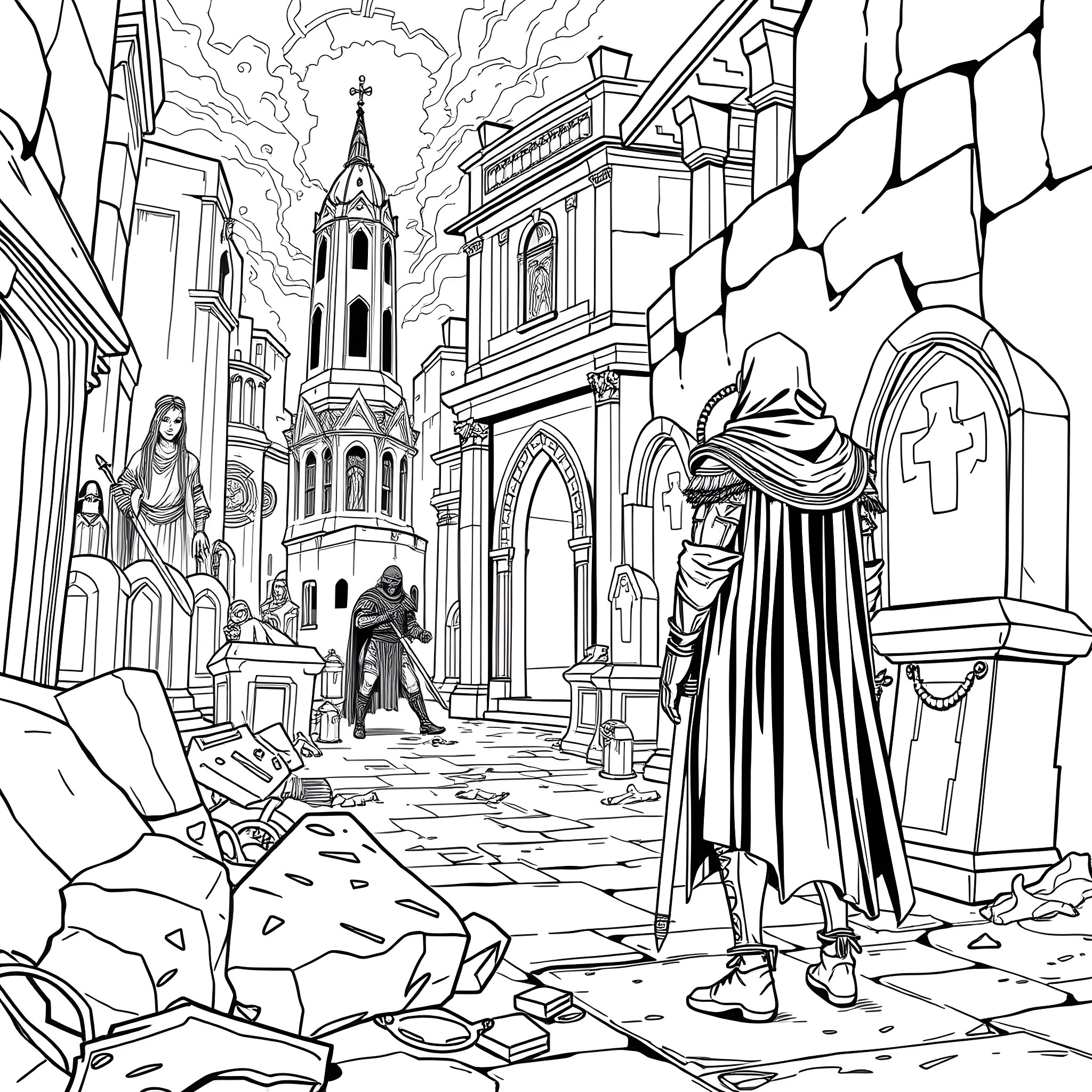 Severian exploring the ruins of a desolate city Coloring Page (free black-and-white line drawing printable PDF for all, from beginners to advanced learners, including children, teens, adults, and seniors)