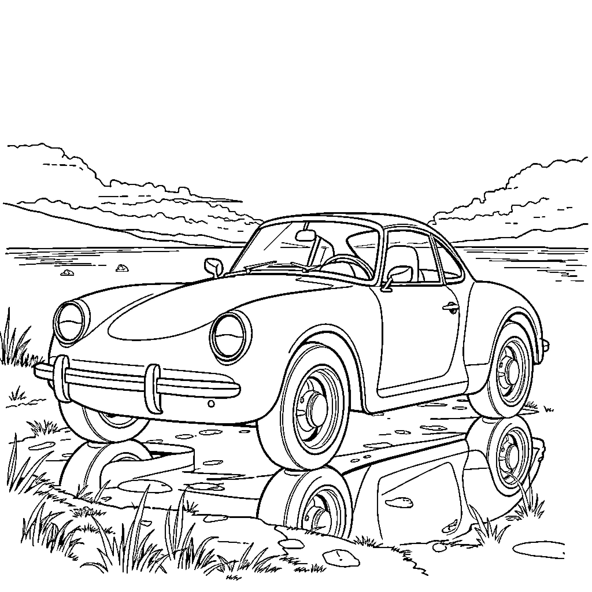 Car on the Road in Nature Coloring Page (free black-and-white line drawing printable PDF for all, from beginners to advanced learners, including children, teens, adults, and seniors)