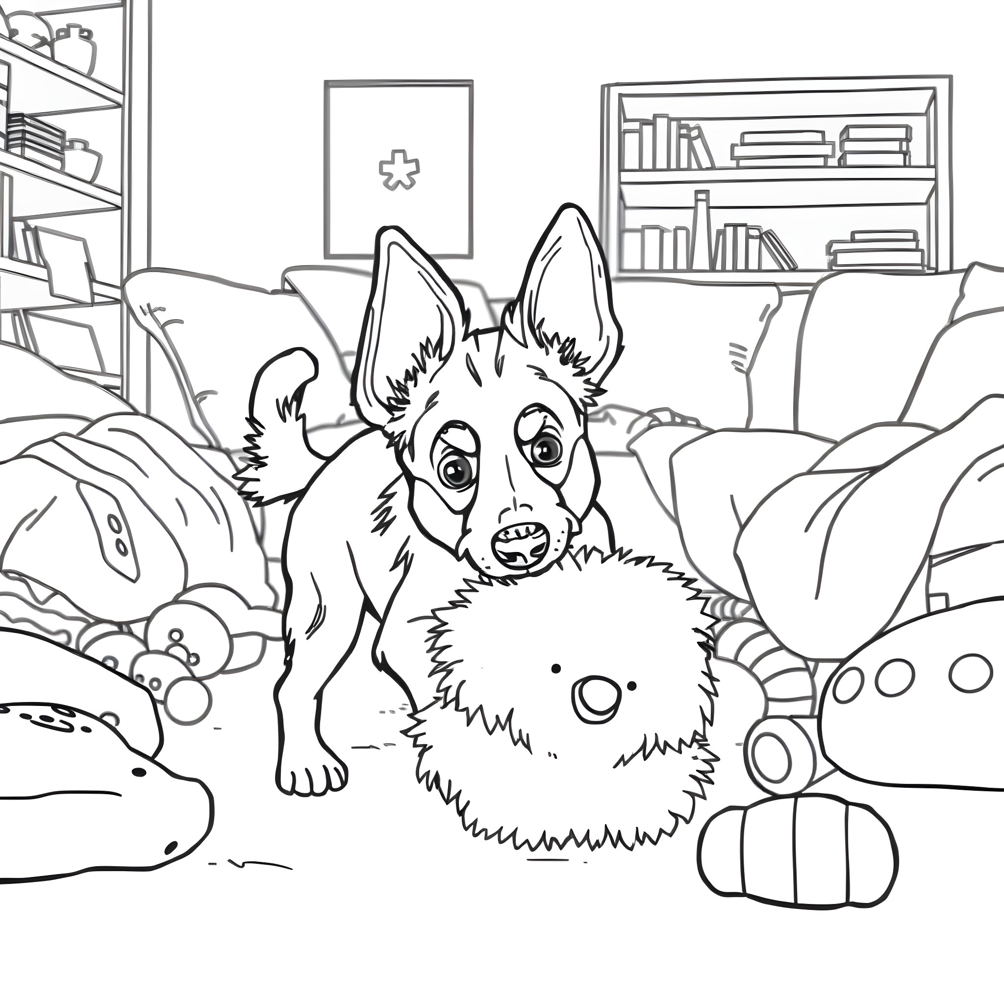 Sock-clad dog playing among toys in living room Coloring Page (free black-and-white line drawing printable PDF for all, from beginners to advanced learners, including children, teens, adults, and seniors)