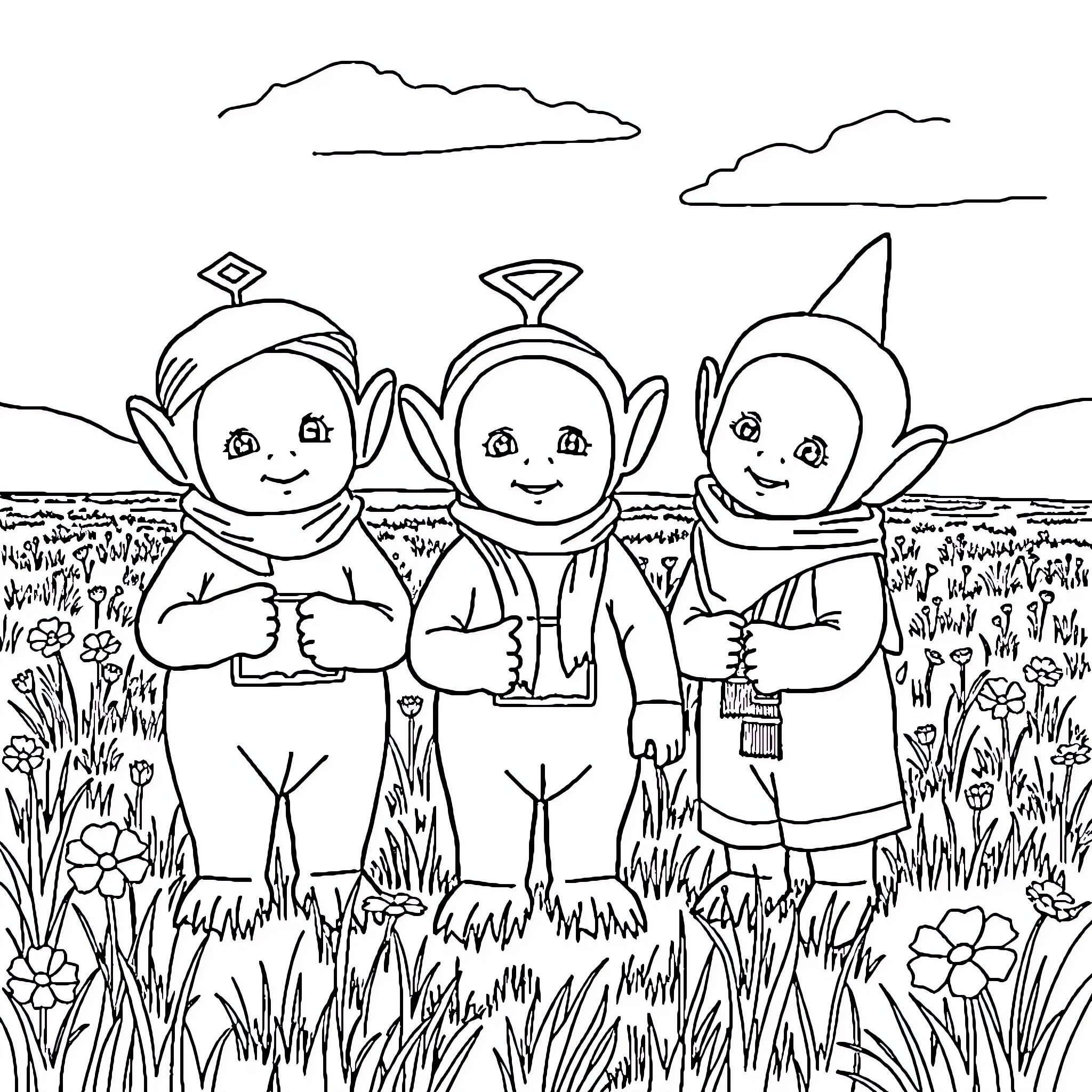 Teletubbies enjoying a peaceful day in the countryside Coloring Page (free black-and-white line drawing printable PDF for all, from beginners to advanced learners, including children, teens, adults, and seniors)