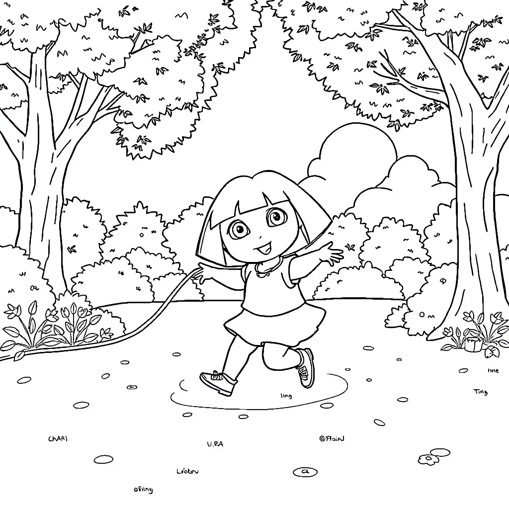 Dora enjoying a playful walk in the forest Coloring Page (free black-and-white line drawing printable PDF for all, from beginners to advanced learners, including children, teens, adults, and seniors)