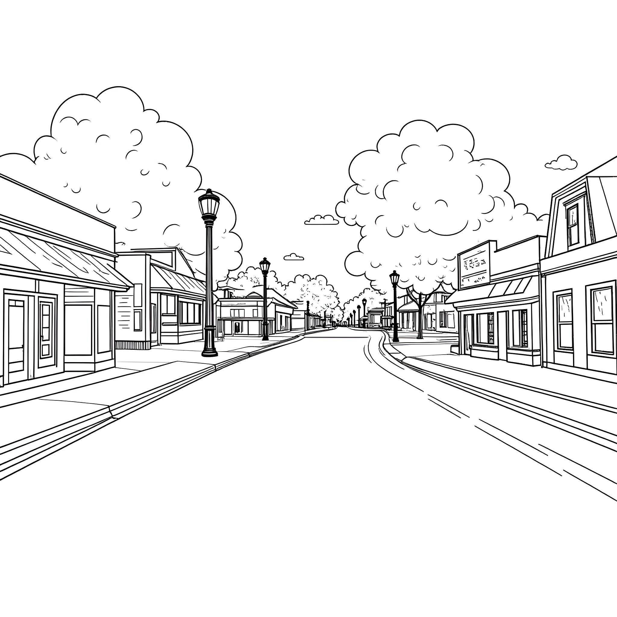 Bluey's Cozy Town Stroll Coloring Page (free black-and-white line drawing printable PDF for all, from beginners to advanced learners, including children, teens, adults, and seniors)
