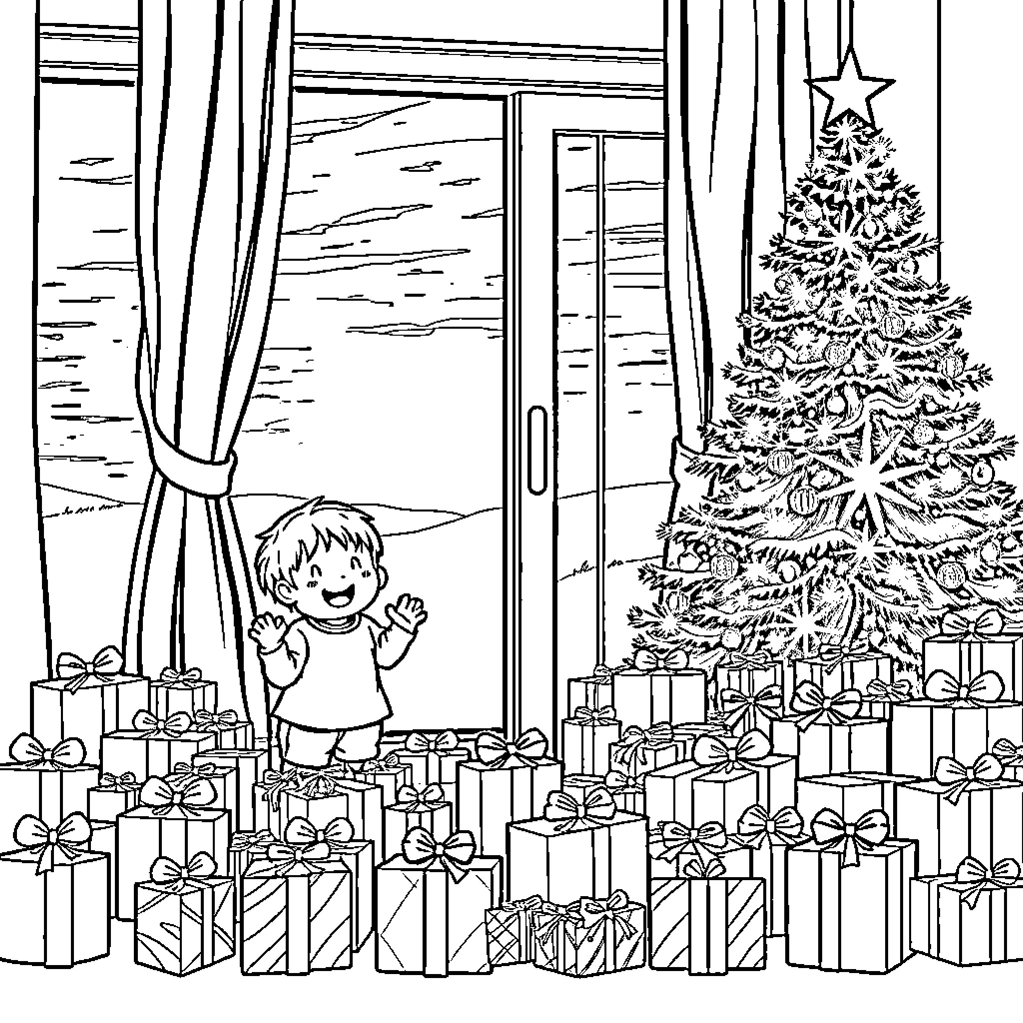 Child Excited for Christmas Gifts and Tree Coloring Page (free black-and-white line drawing printable PDF for all, from beginners to advanced learners, including children, teens, adults, and seniors)